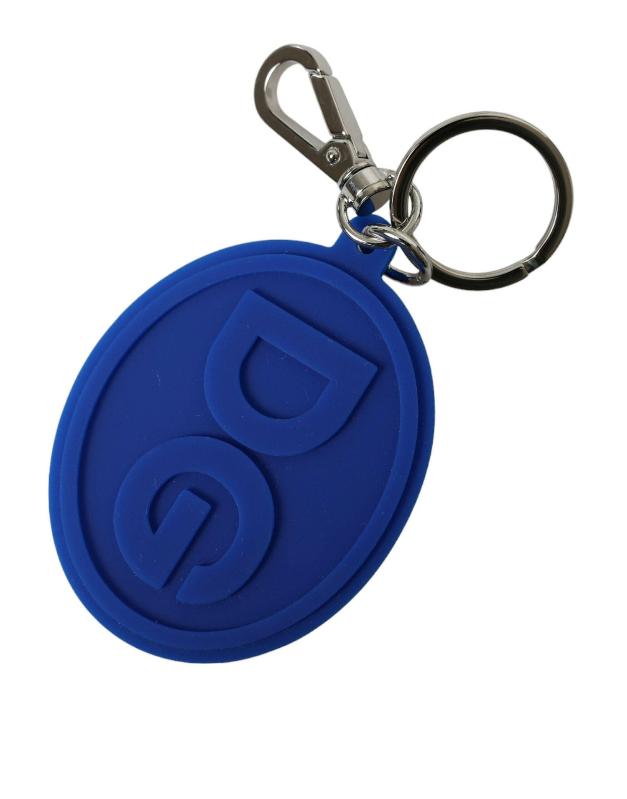 Dolce & Gabbana Blue Rubber DG Logo Silver Brass Metal Keyring Keychain.