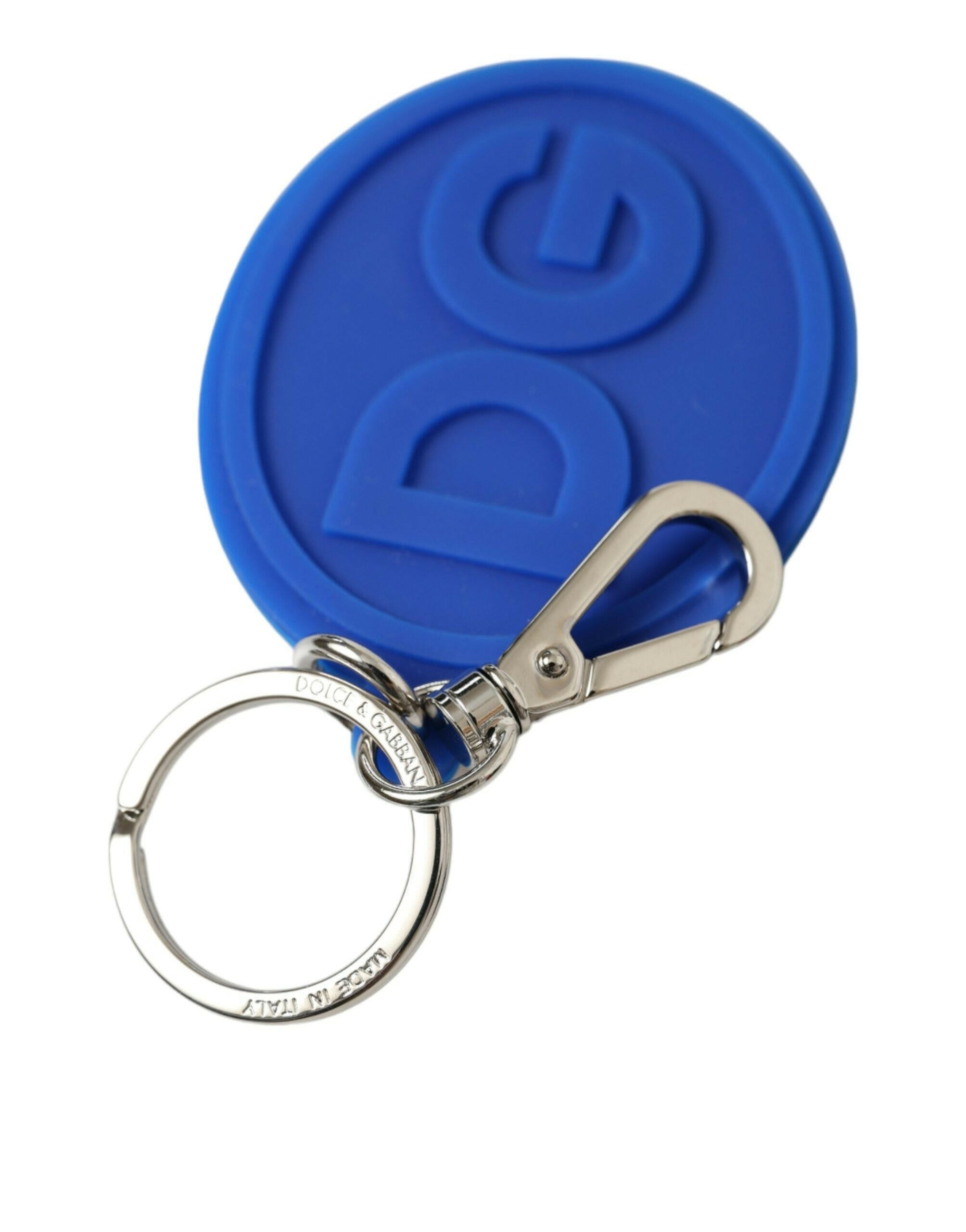Dolce & Gabbana Blue Rubber DG Logo Silver Brass Metal Keyring Keychain.