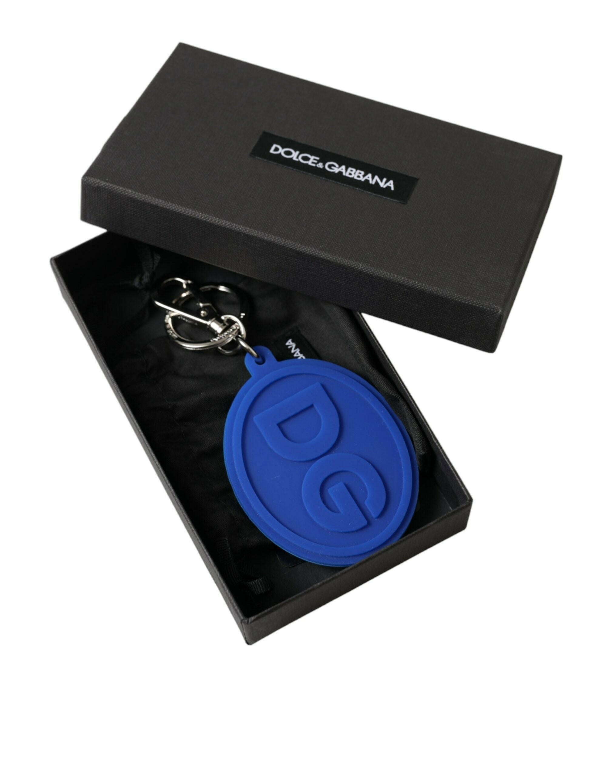 Dolce & Gabbana Blue Rubber DG Logo Silver Brass Metal Keyring Keychain.