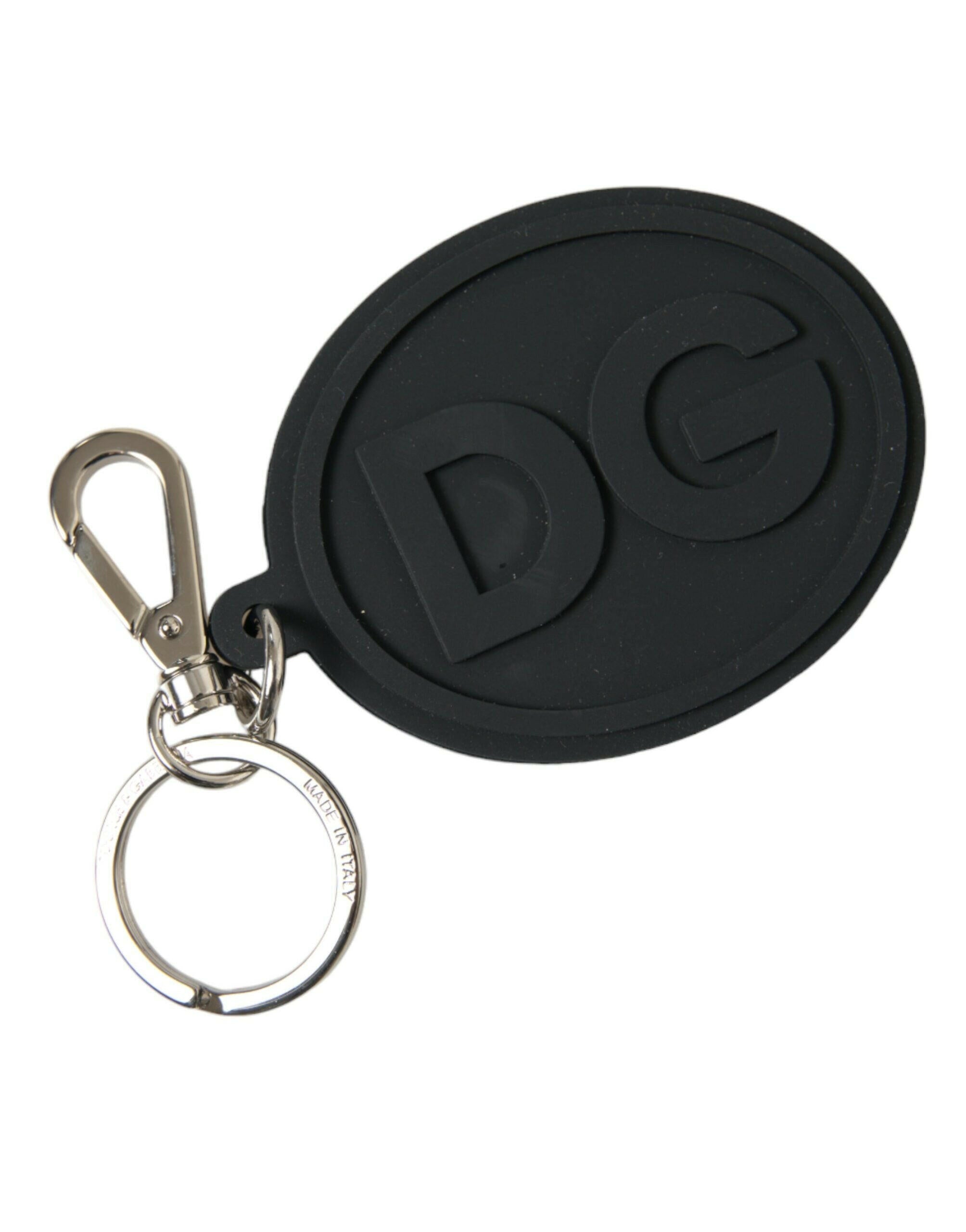 Dolce & Gabbana Black Rubber DG Logo Silver Brass Metal Keyring Keychain.