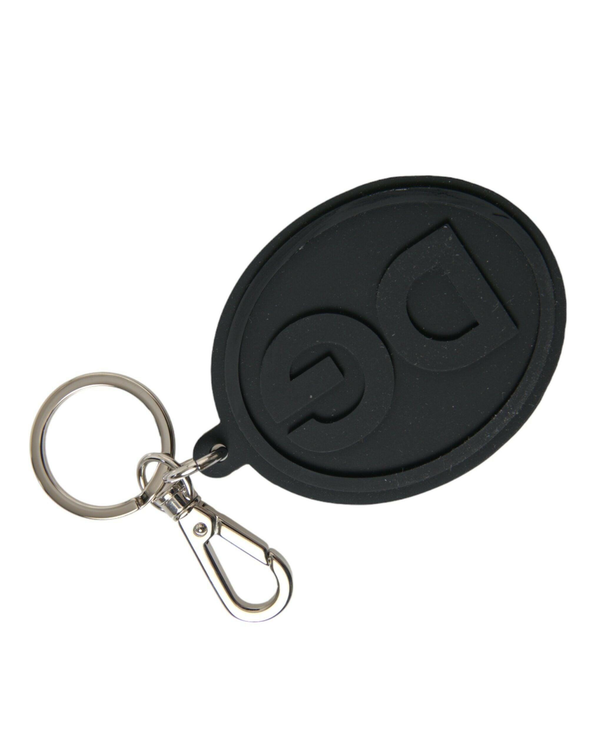 Dolce & Gabbana Black Rubber DG Logo Silver Brass Metal Keyring Keychain.