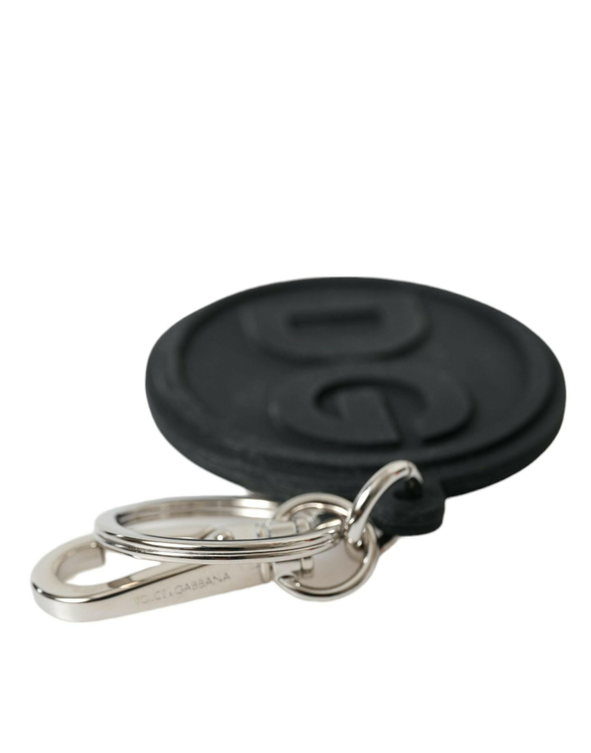 Dolce & Gabbana Black Rubber DG Logo Silver Brass Metal Keyring Keychain.