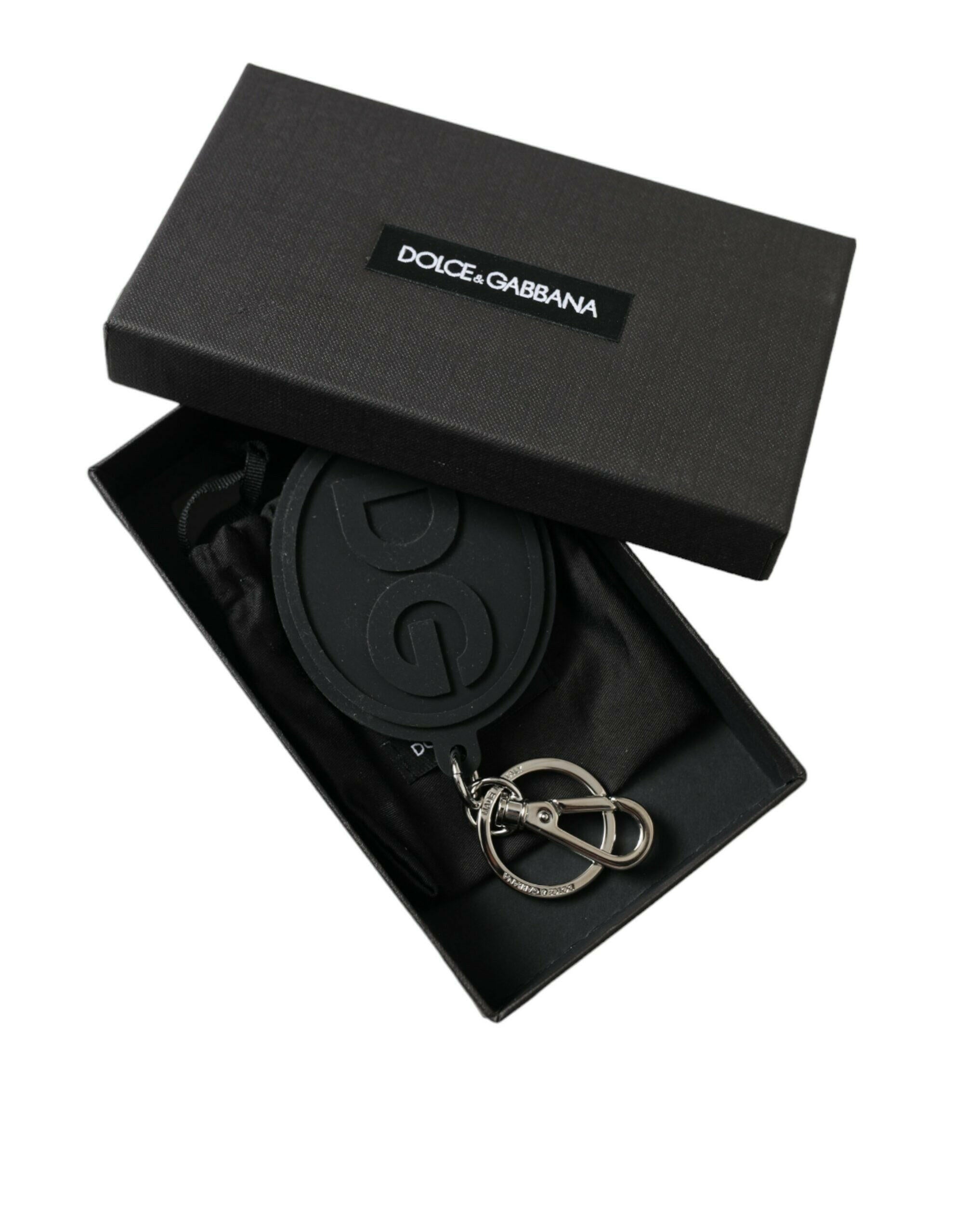 Dolce & Gabbana Black Rubber DG Logo Silver Brass Metal Keyring Keychain.
