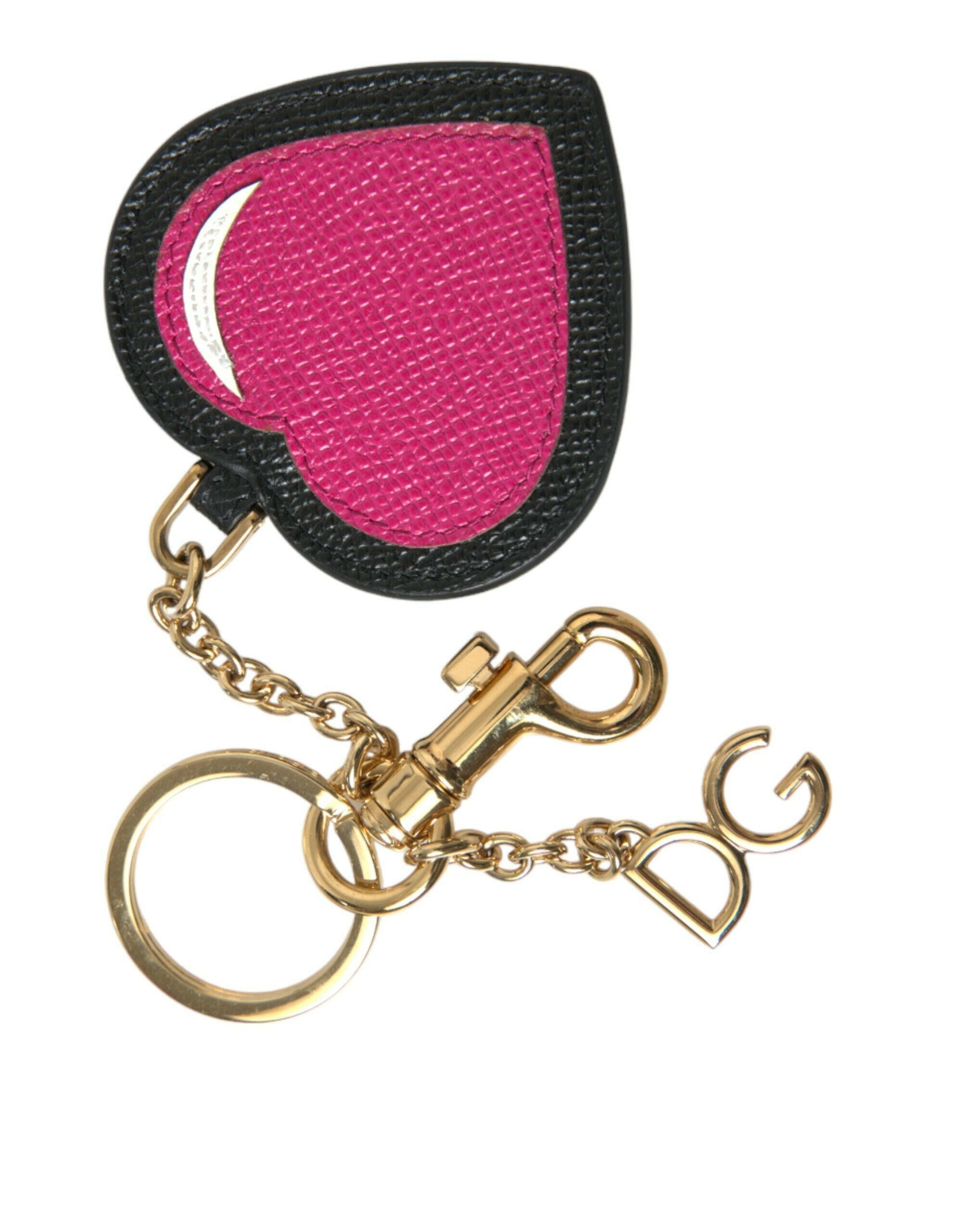 Dolce & Gabbana Pink Black Heart Leather Gold Tone Brass Keyring Keychain.