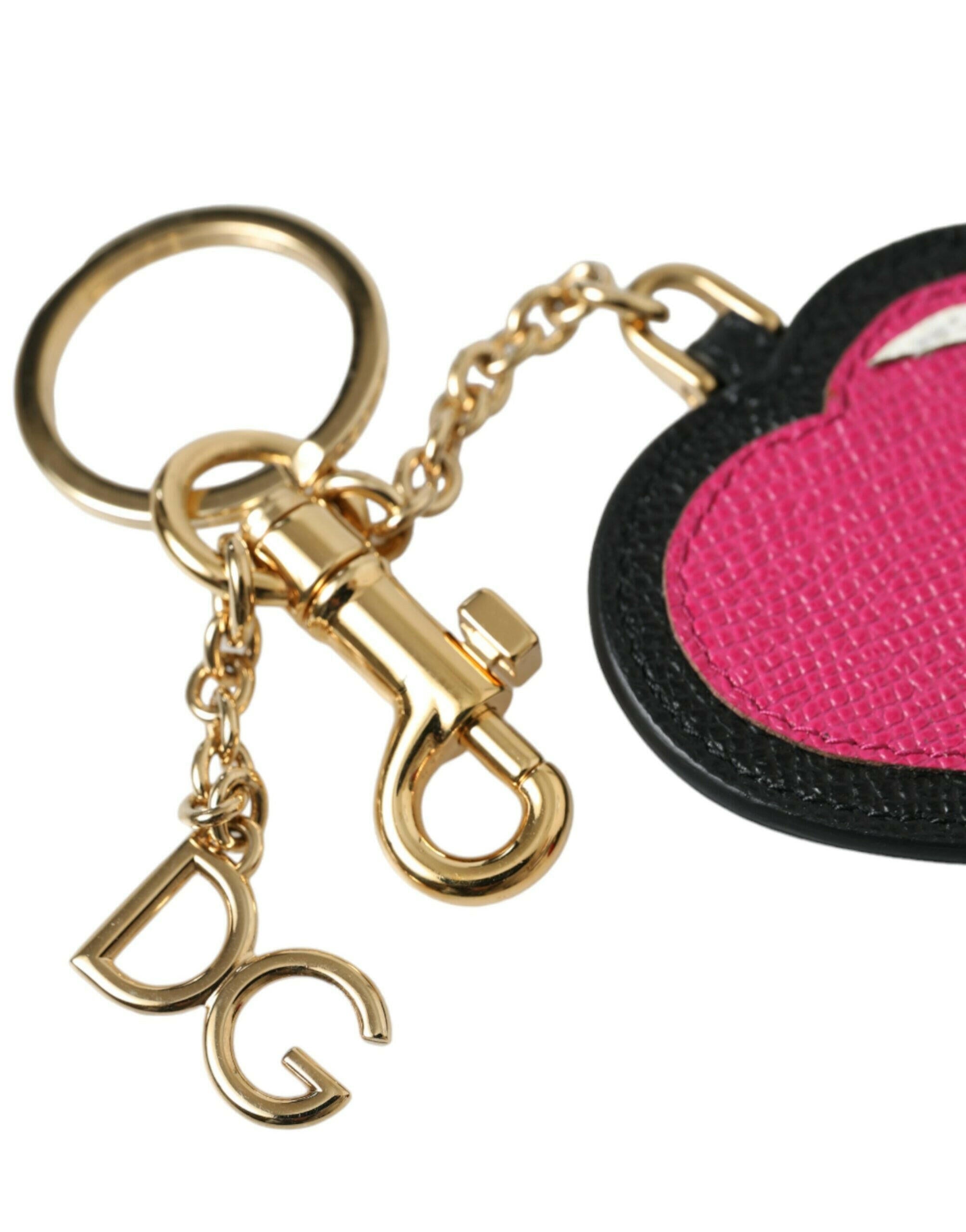 Dolce & Gabbana Pink Black Heart Leather Gold Tone Brass Keyring Keychain.