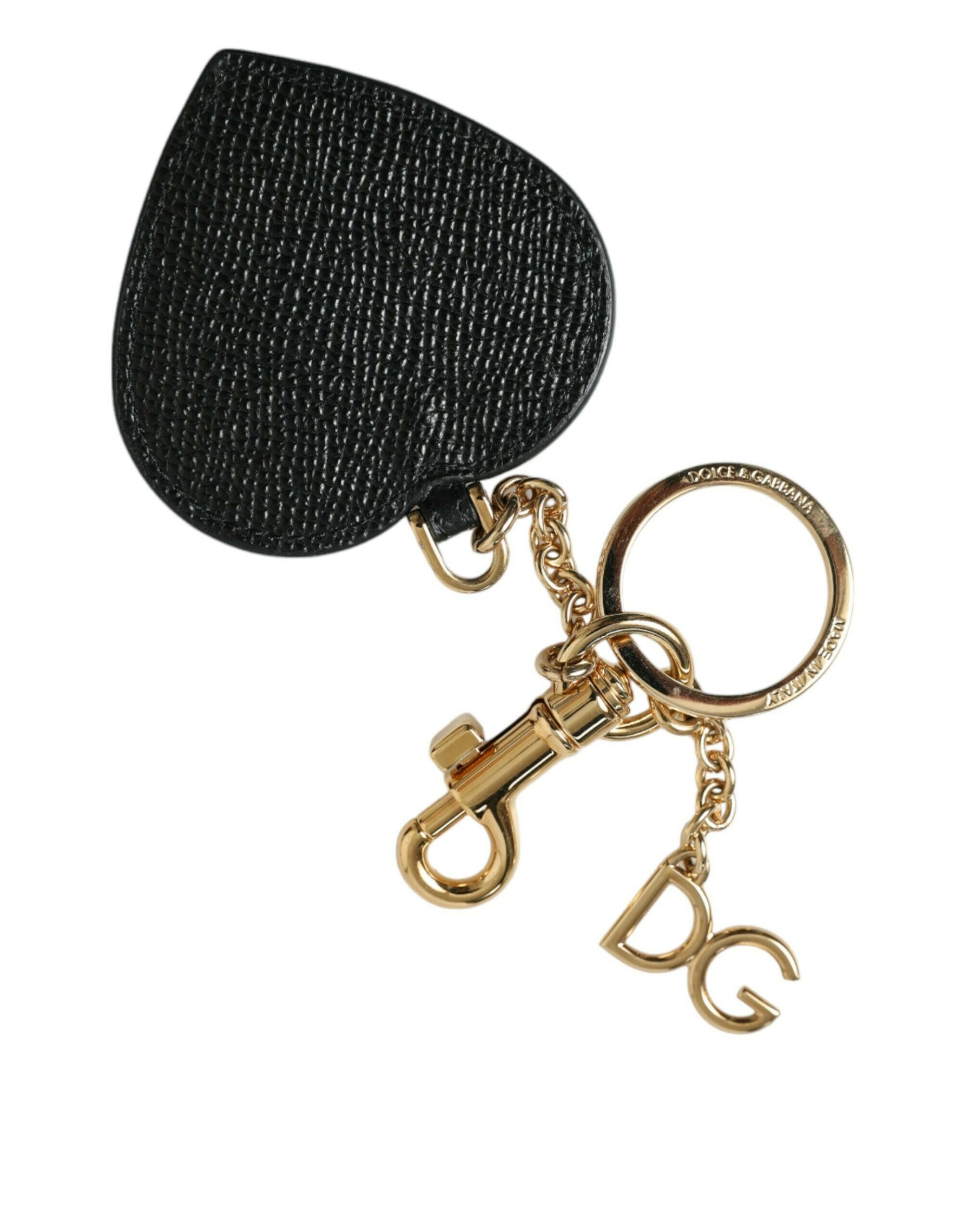 Dolce & Gabbana Pink Black Heart Leather Gold Tone Brass Keyring Keychain.