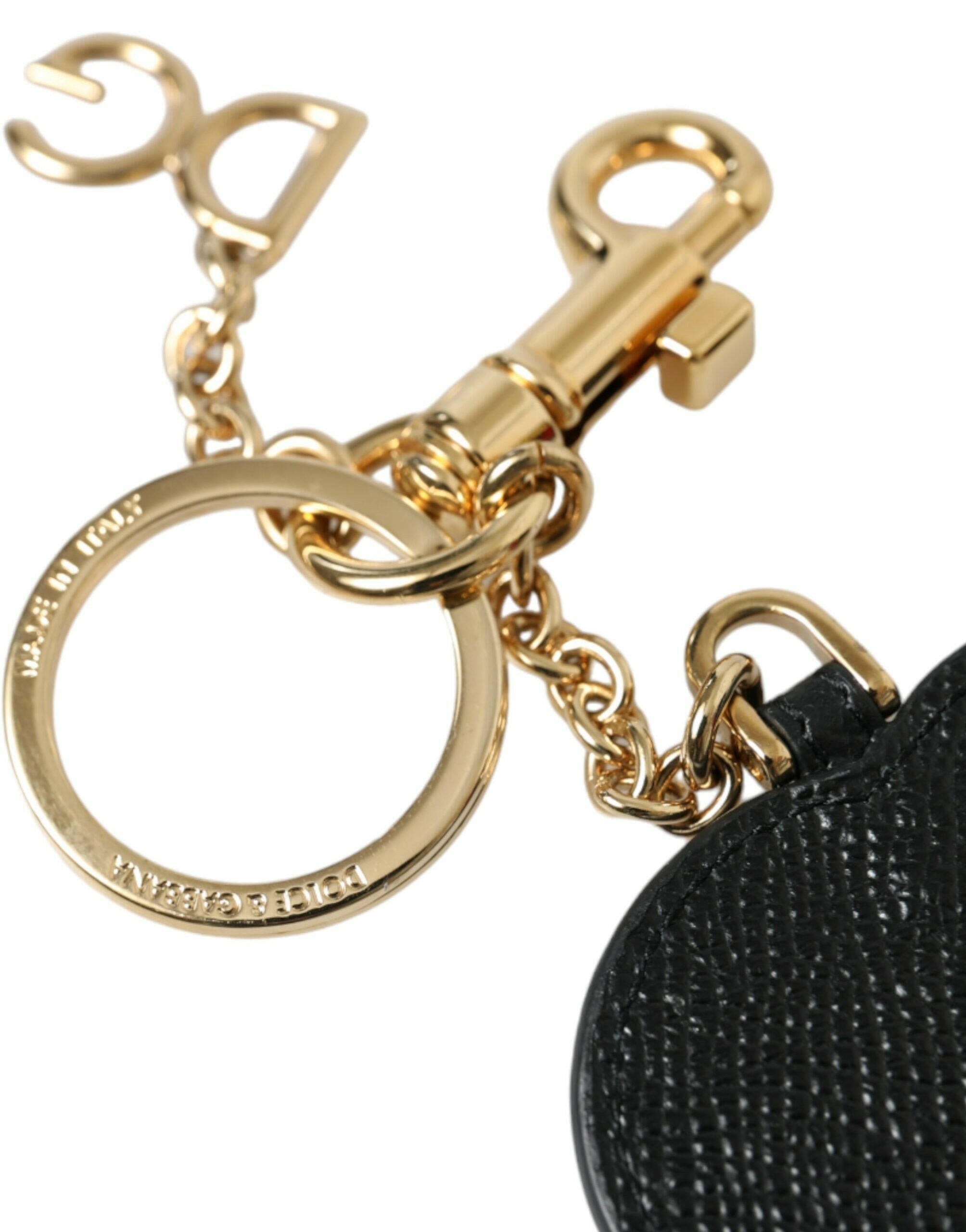Dolce & Gabbana Pink Black Heart Leather Gold Tone Brass Keyring Keychain.