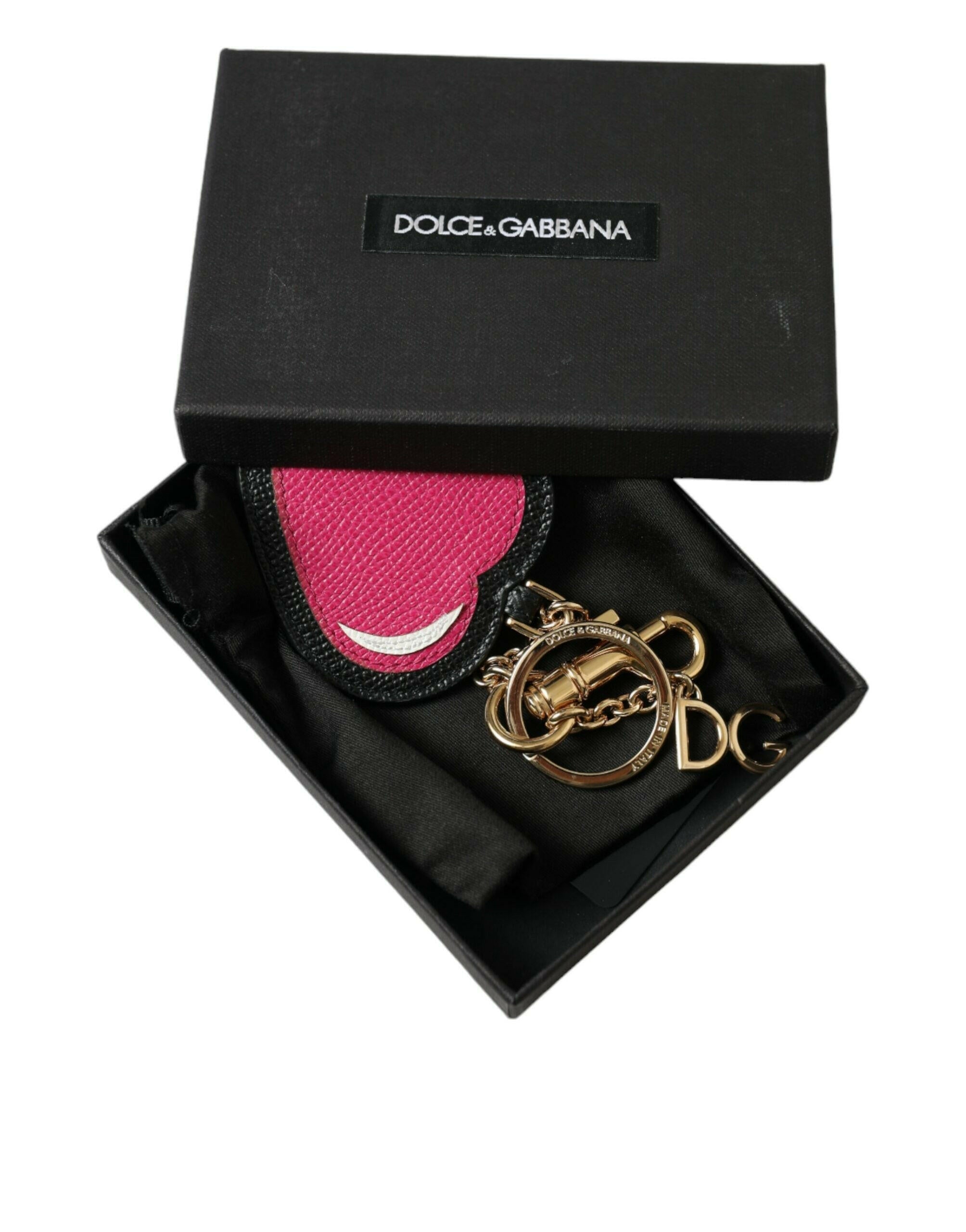 Dolce & Gabbana Pink Black Heart Leather Gold Tone Brass Keyring Keychain.