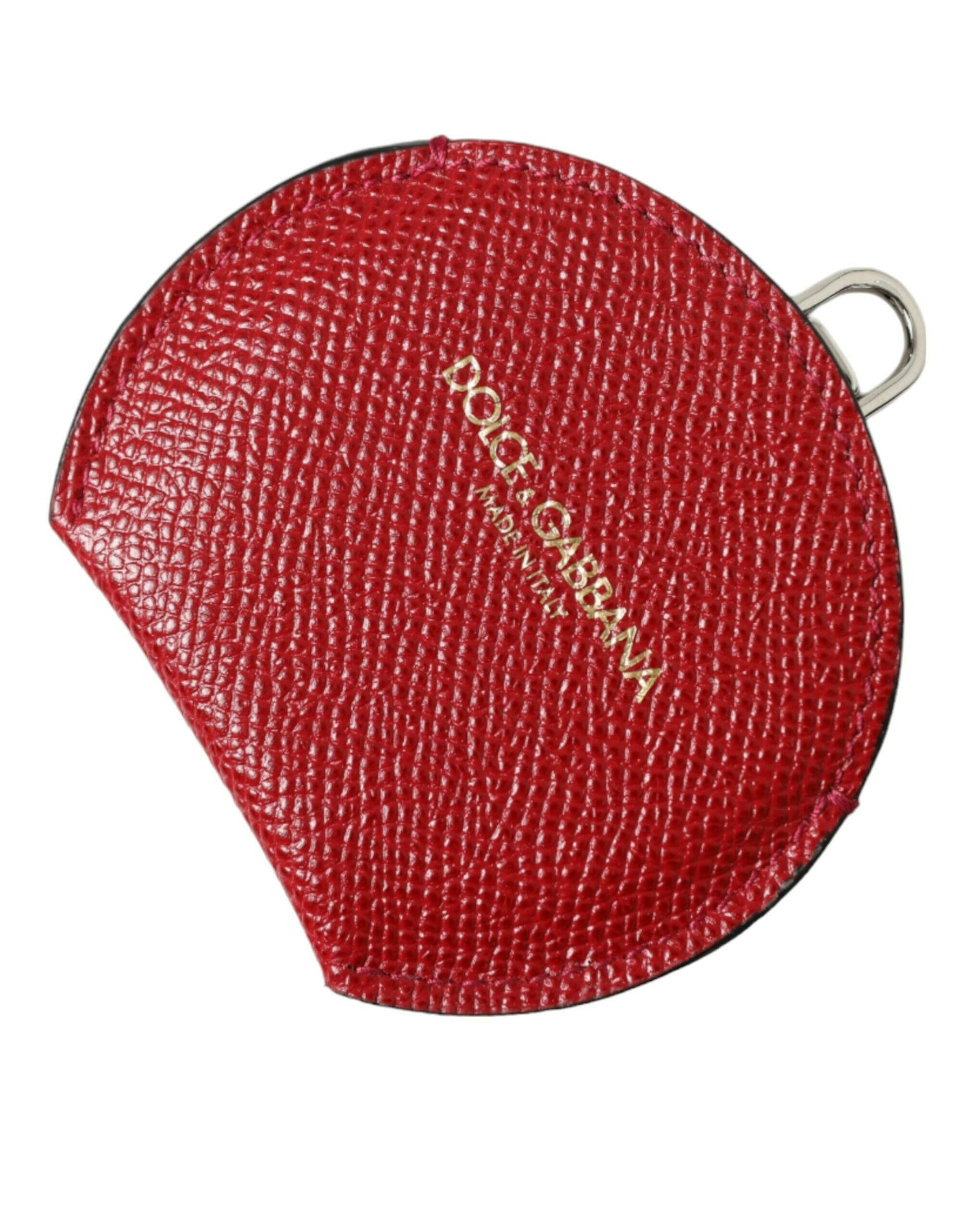 Dolce & Gabbana Red Calfskin Leather Round Logo Hand Mirror Holder.