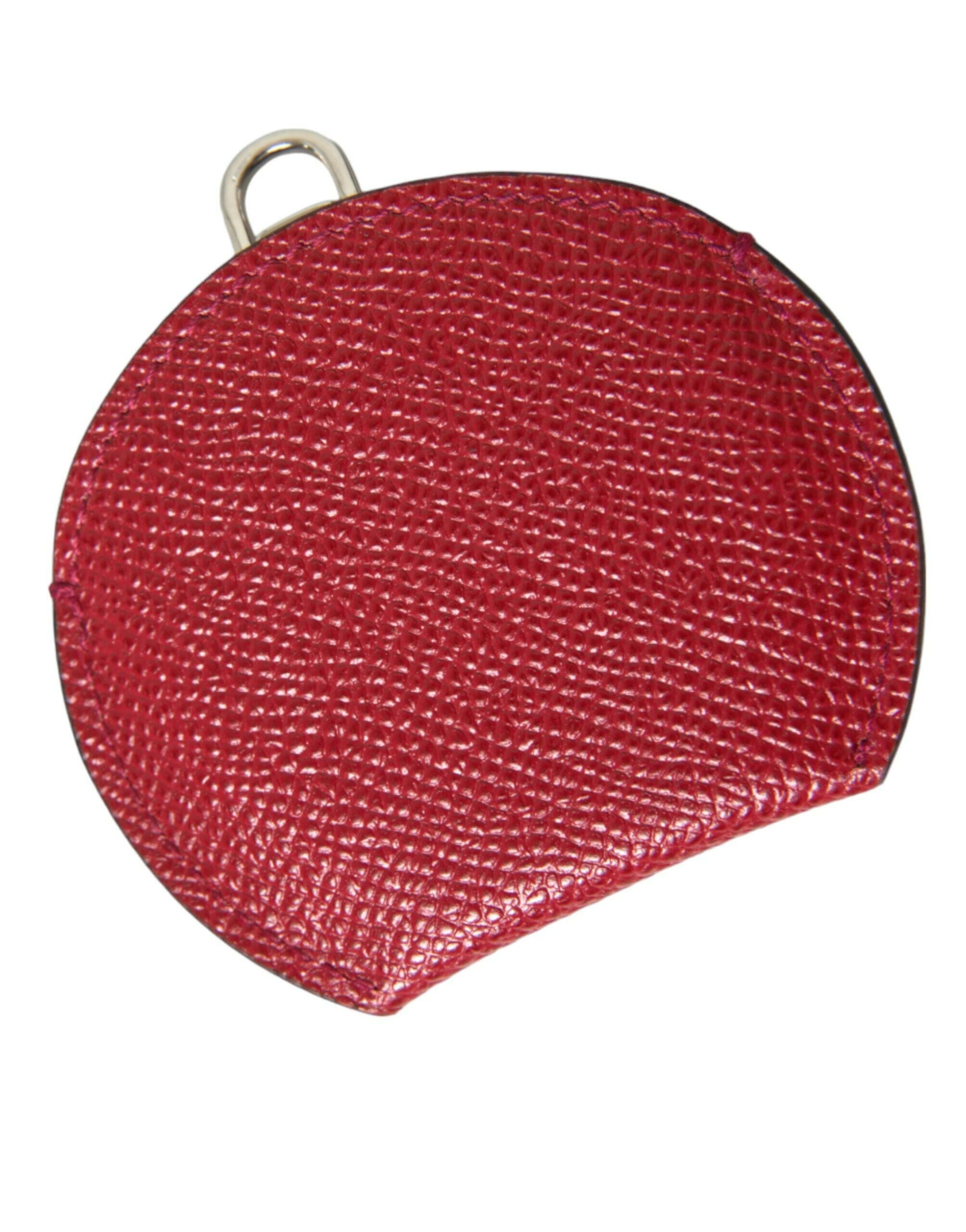 Dolce & Gabbana Red Calfskin Leather Round Logo Hand Mirror Holder.
