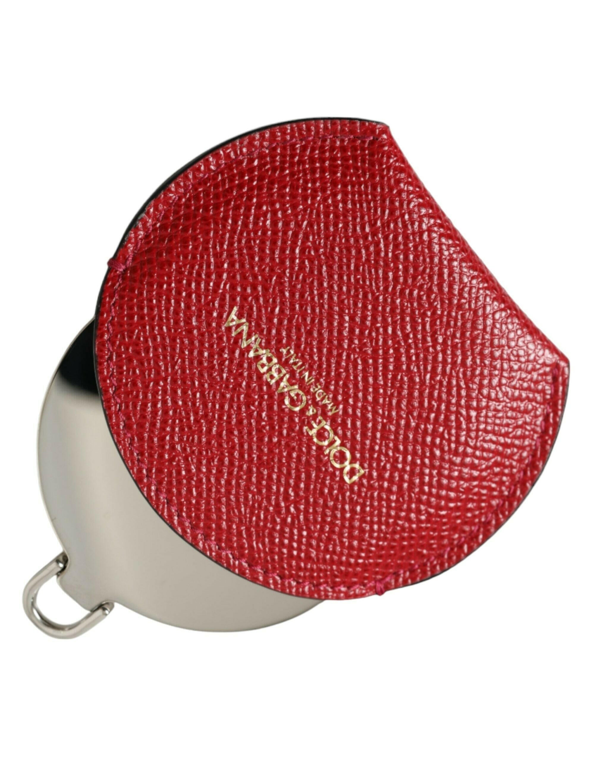 Dolce & Gabbana Red Calfskin Leather Round Logo Hand Mirror Holder.