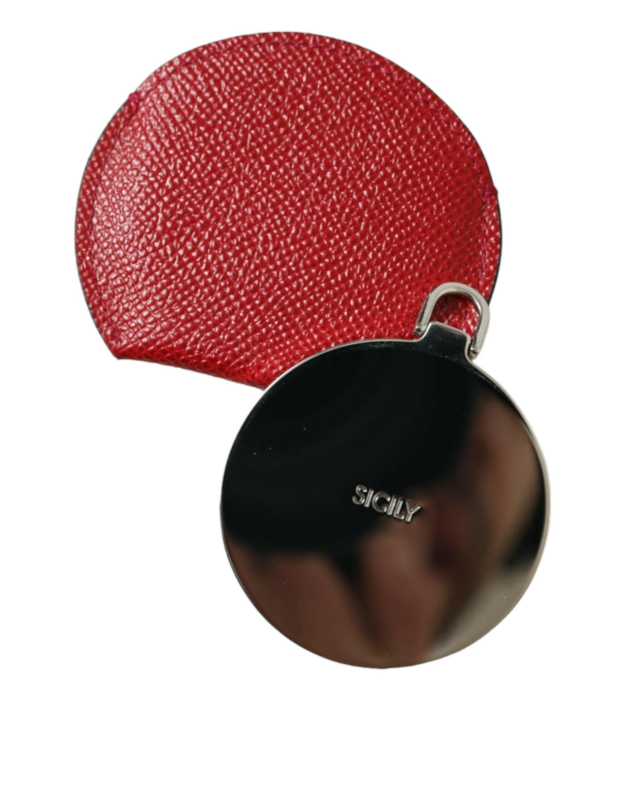 Dolce & Gabbana Red Calfskin Leather Round Logo Hand Mirror Holder.