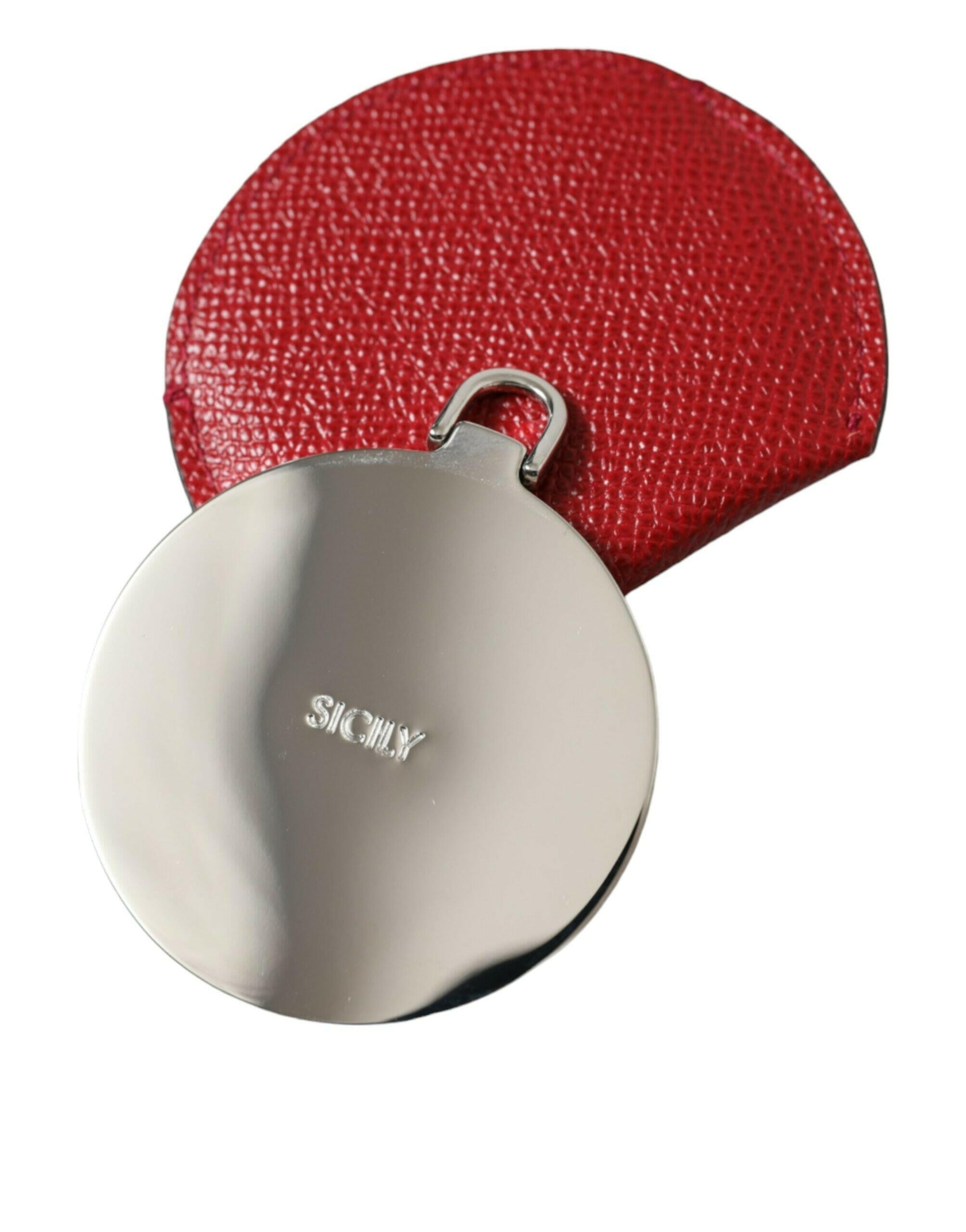 Dolce & Gabbana Red Calfskin Leather Round Logo Hand Mirror Holder.