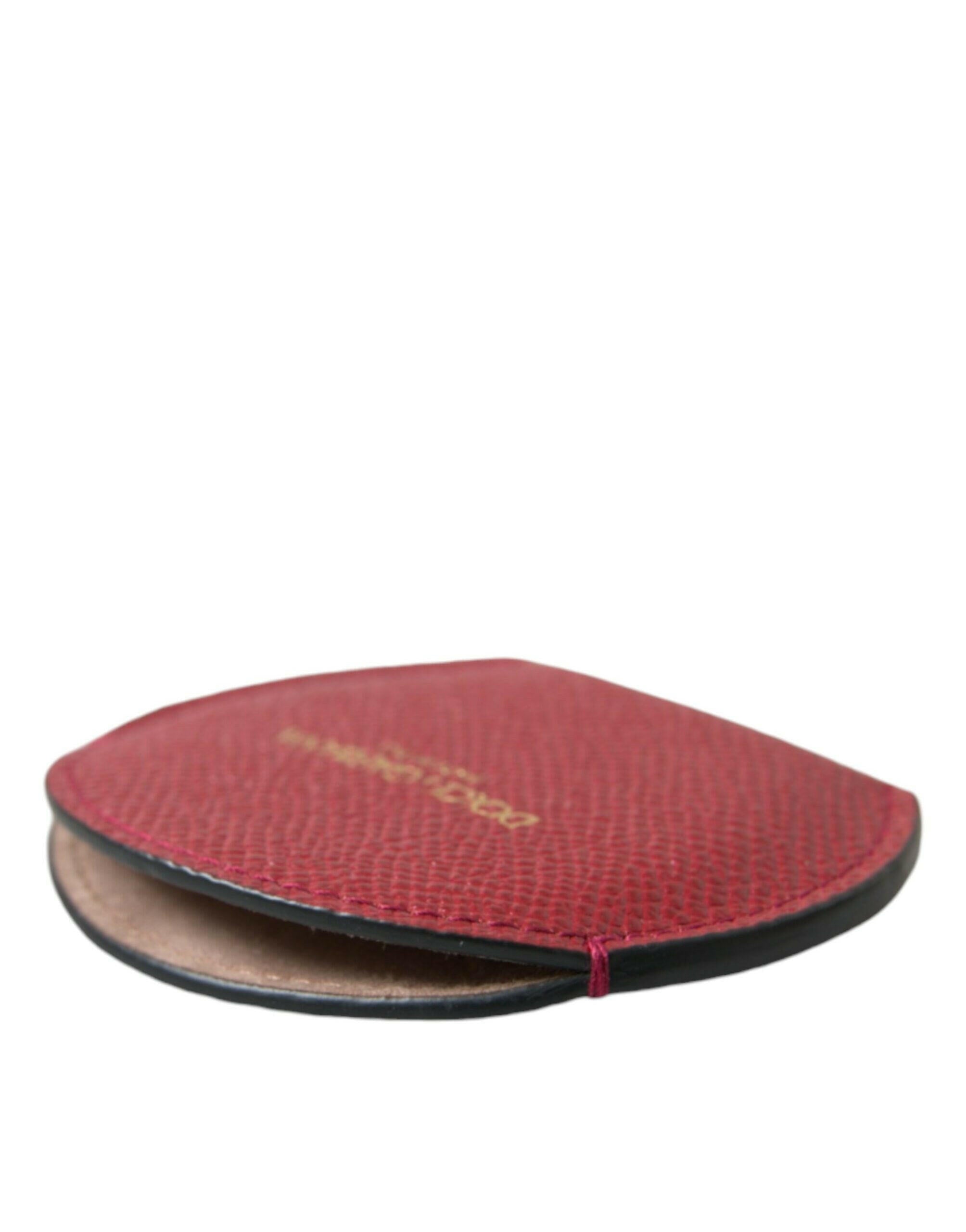 Dolce & Gabbana Red Calfskin Leather Round Logo Hand Mirror Holder.