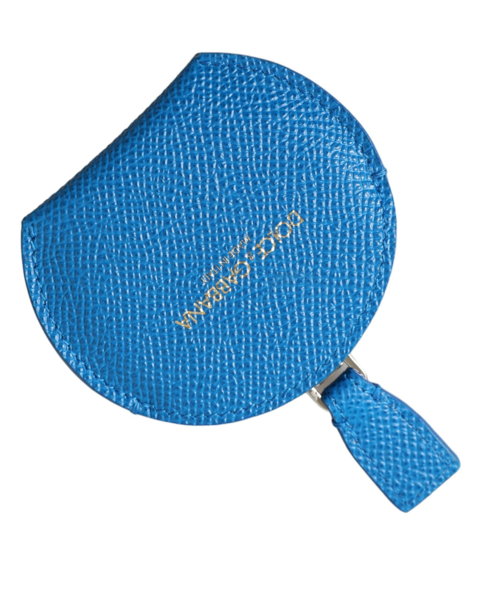 Dolce & Gabbana Blue Calfskin Leather Round Logo Hand Mirror Holder.
