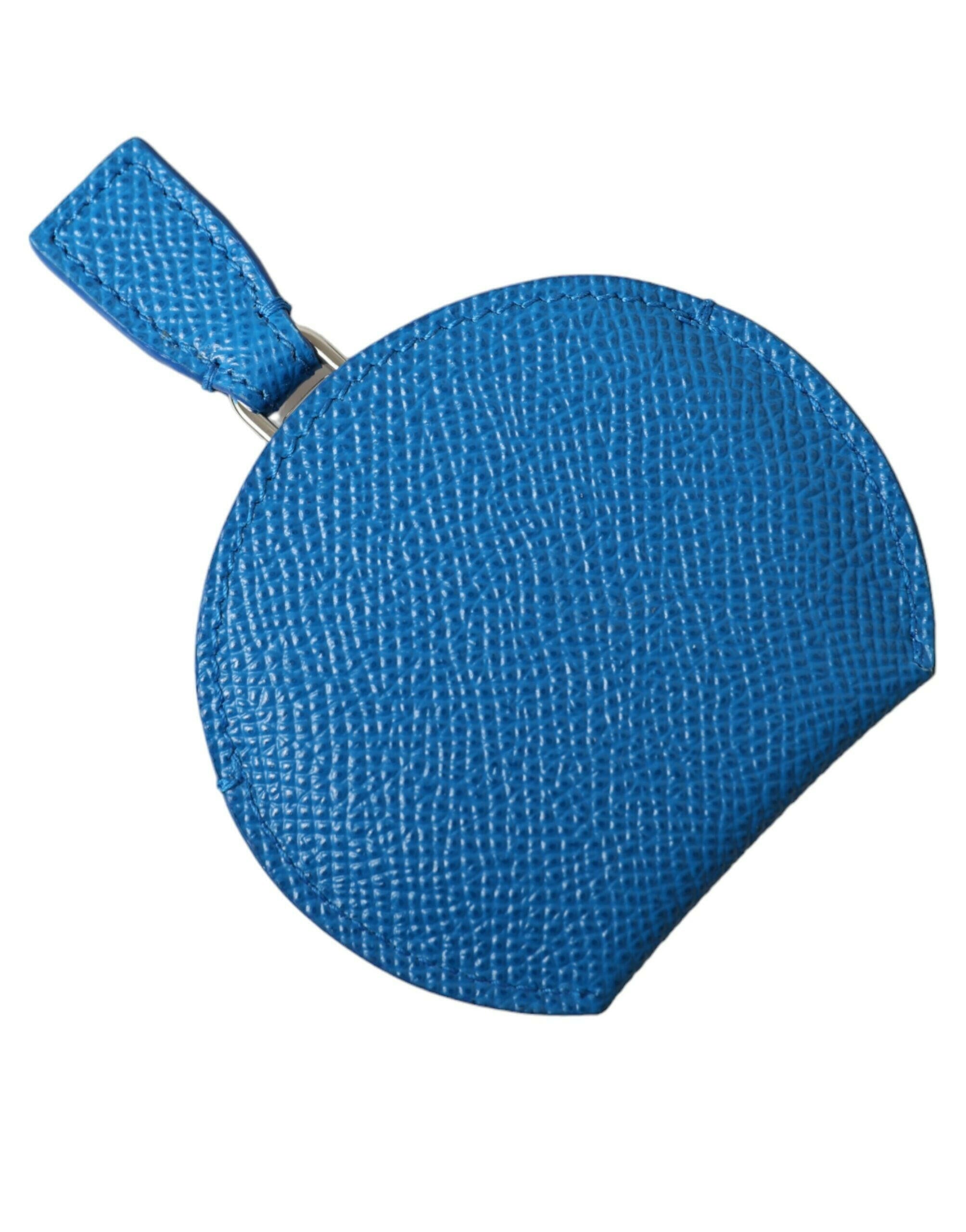 Dolce & Gabbana Blue Calfskin Leather Round Logo Hand Mirror Holder.