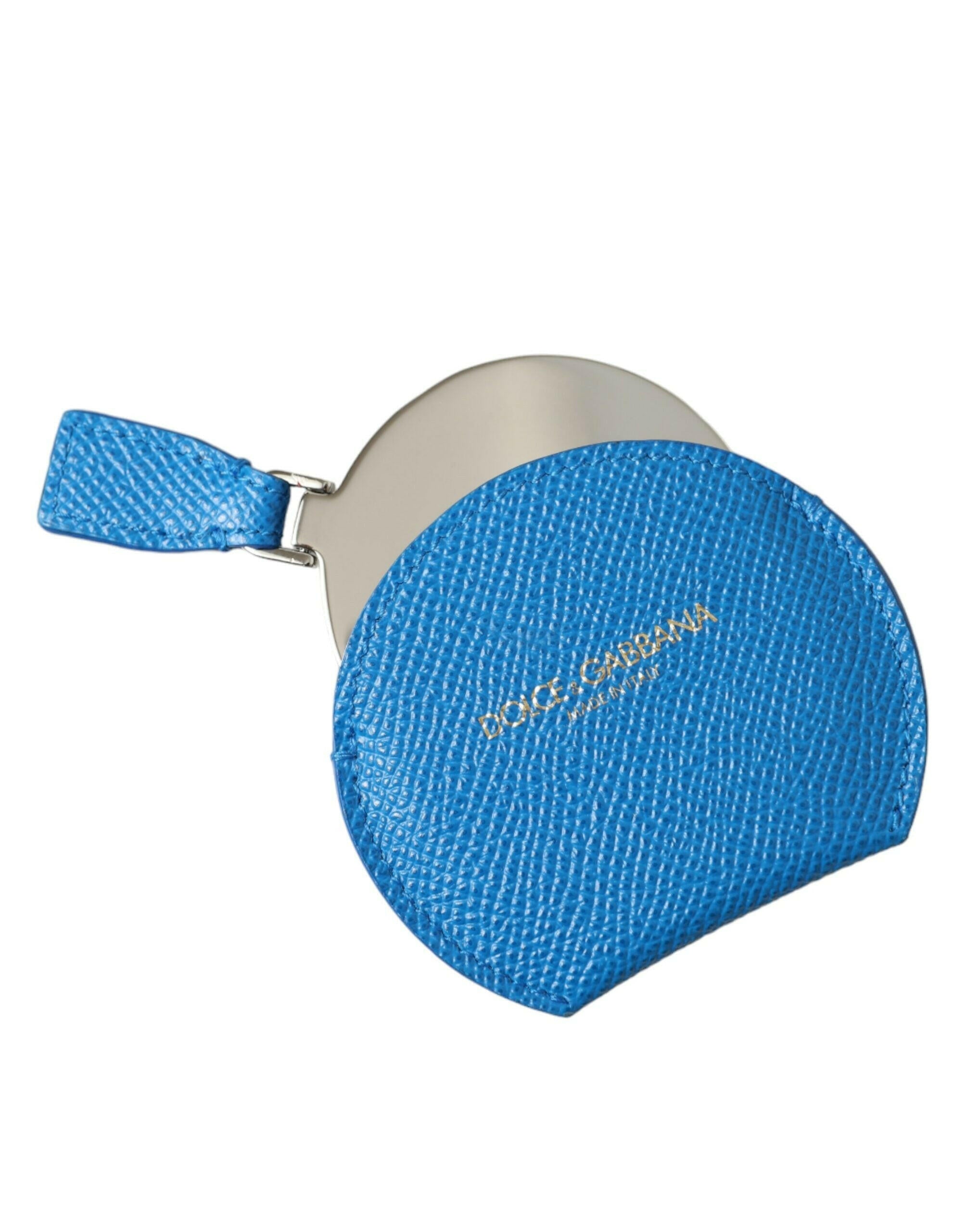 Dolce & Gabbana Blue Calfskin Leather Round Logo Hand Mirror Holder.