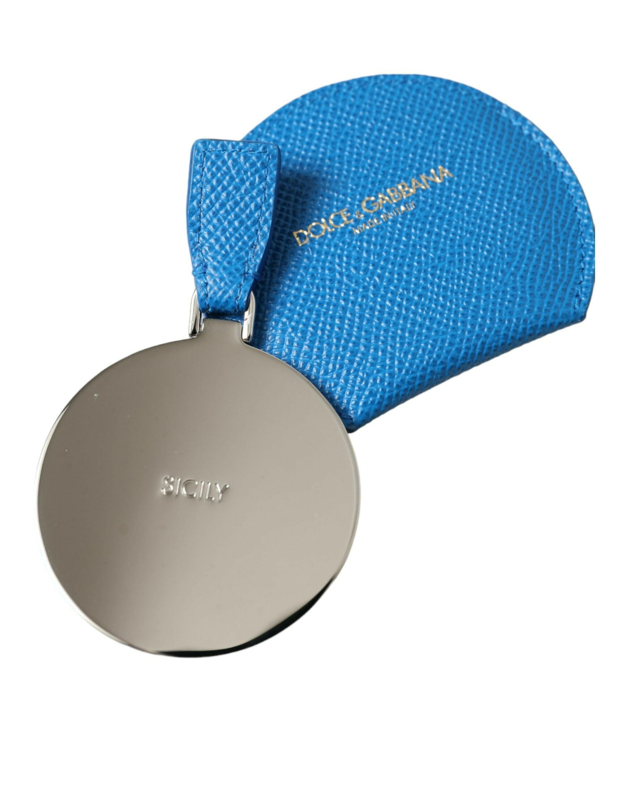 Dolce & Gabbana Blue Calfskin Leather Round Logo Hand Mirror Holder.