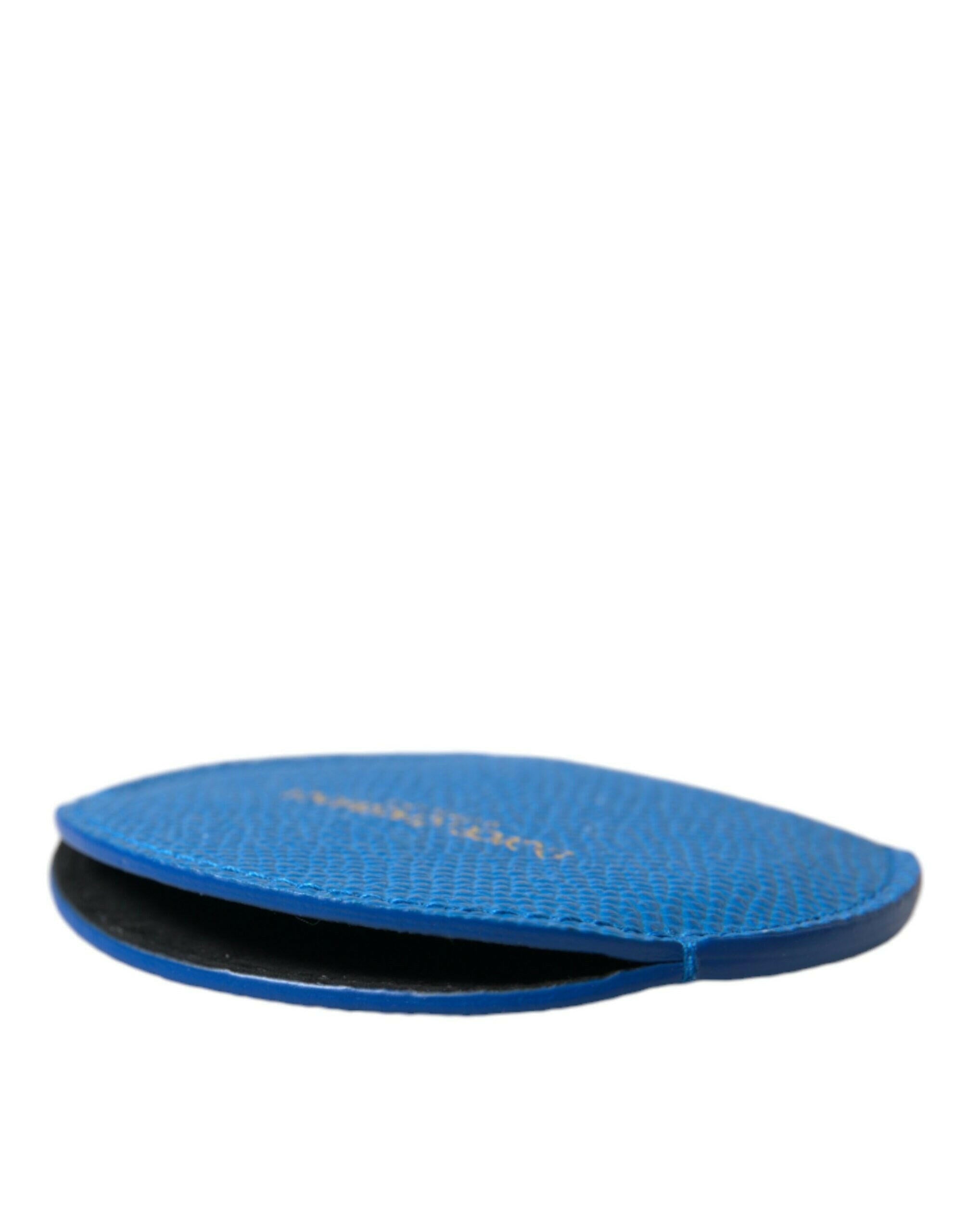 Dolce & Gabbana Blue Calfskin Leather Round Logo Hand Mirror Holder.