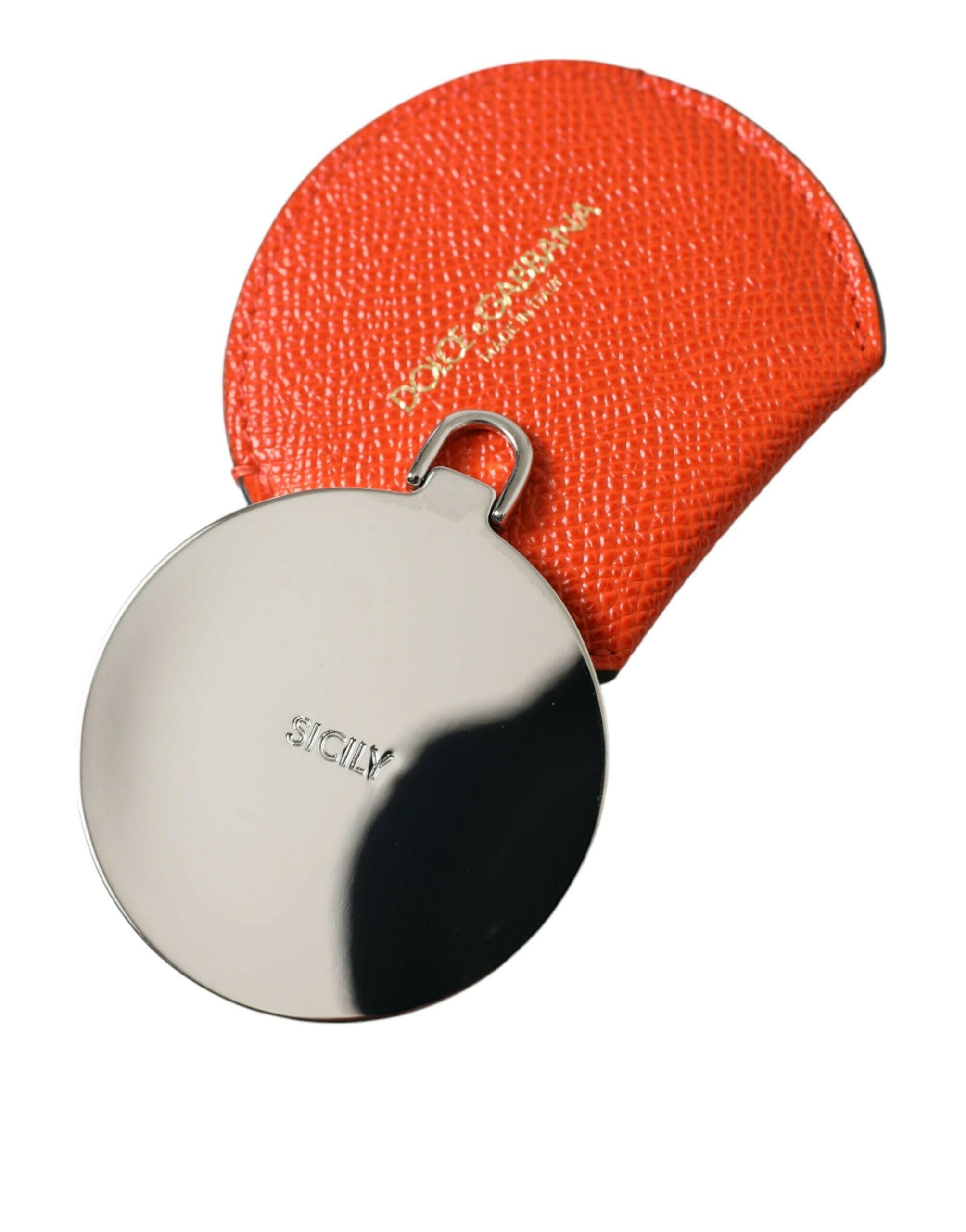 Dolce & Gabbana Orange Calfskin Leather Round Logo Hand Mirror Holder.