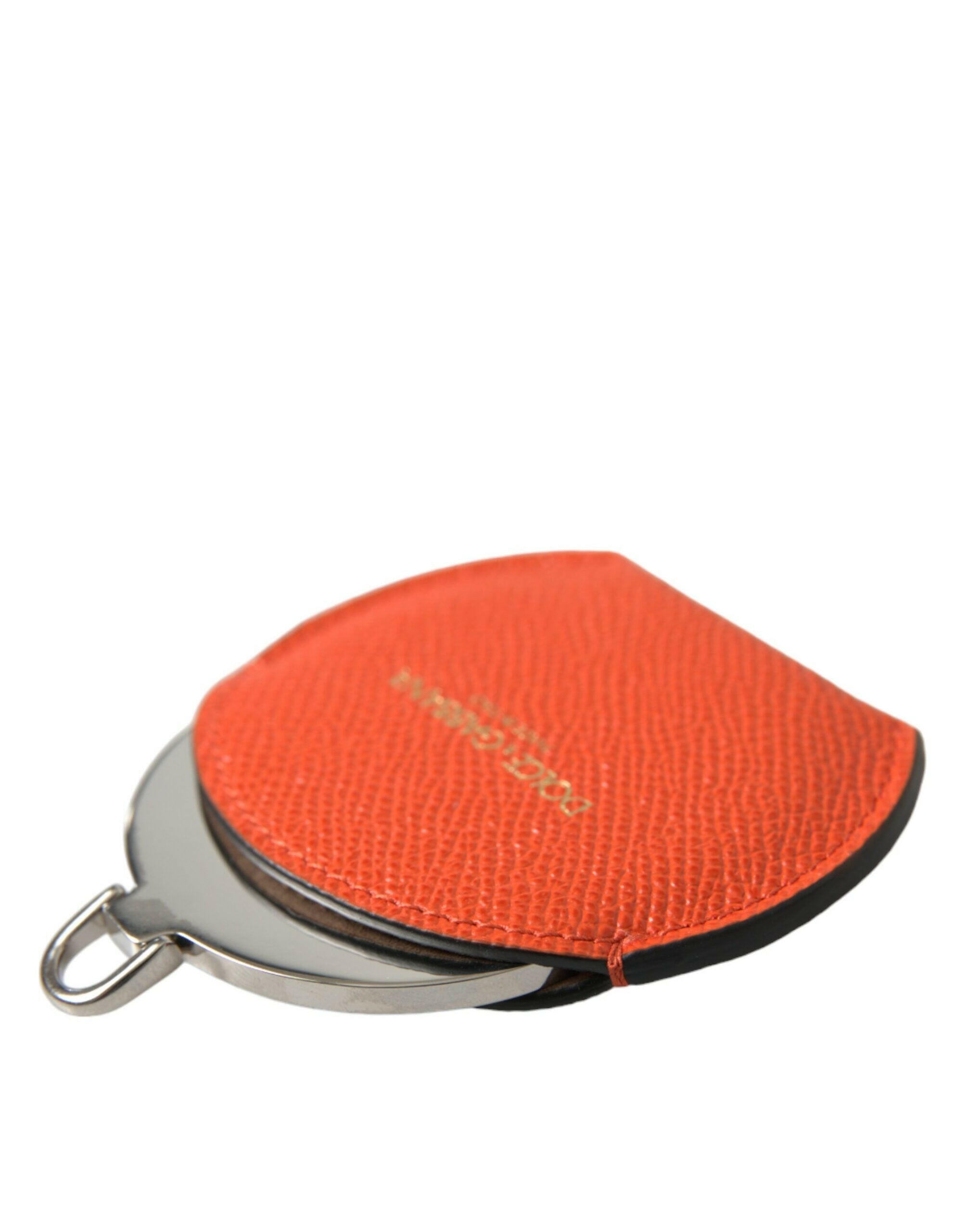 Dolce & Gabbana Orange Calfskin Leather Round Logo Hand Mirror Holder.