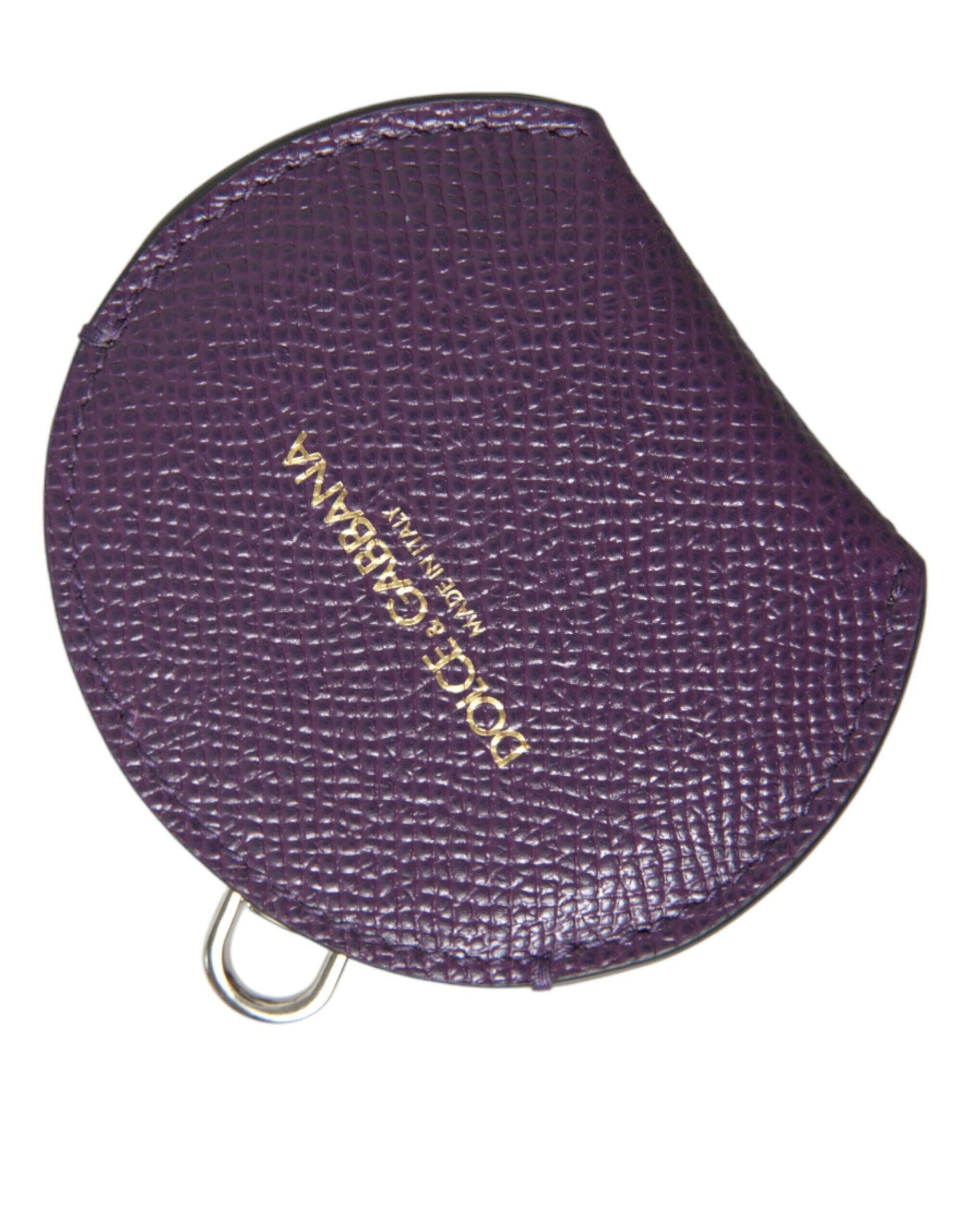Dolce & Gabbana Purple Calfskin Leather Round Logo Hand Mirror Holder.