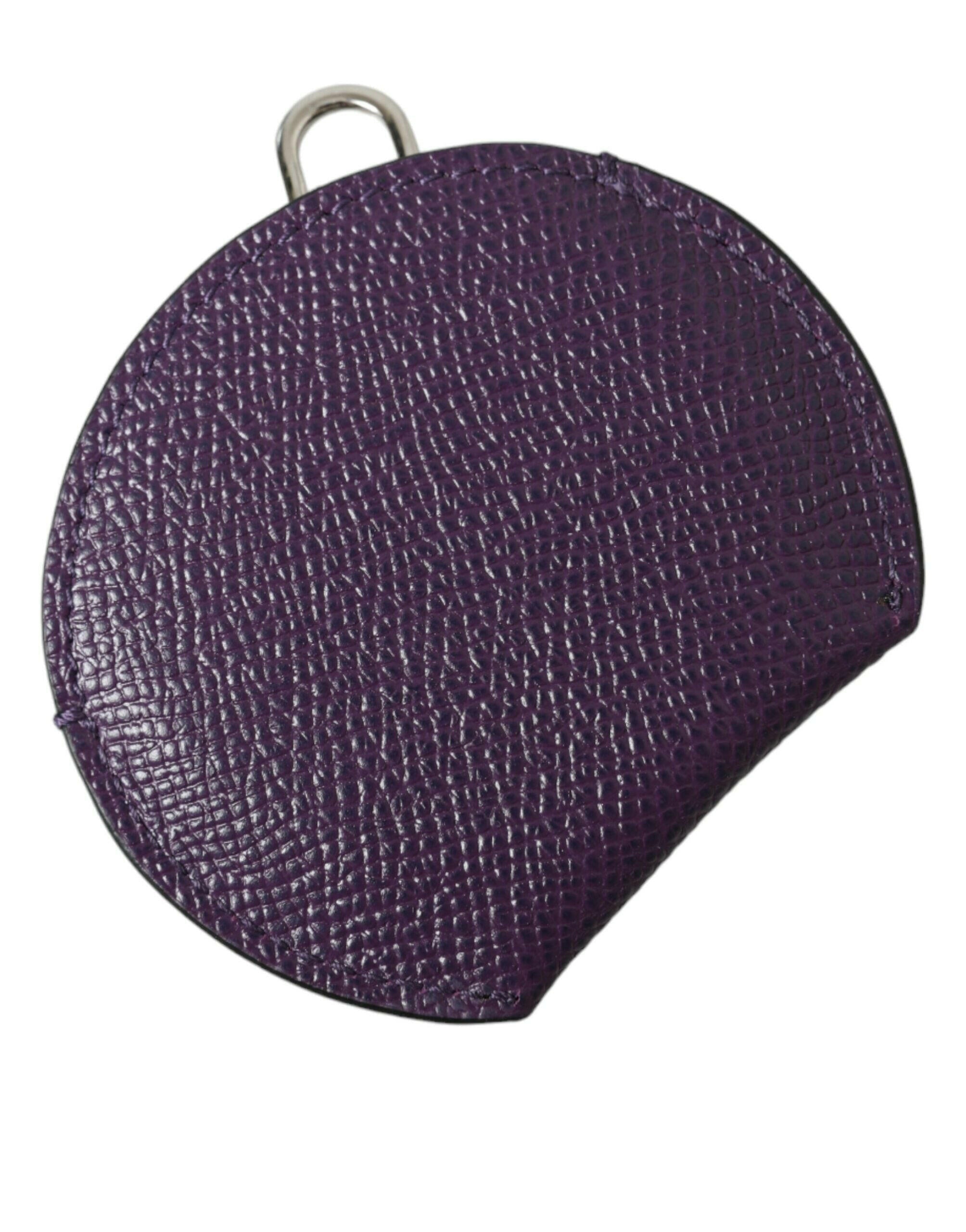 Dolce & Gabbana Purple Calfskin Leather Round Logo Hand Mirror Holder.