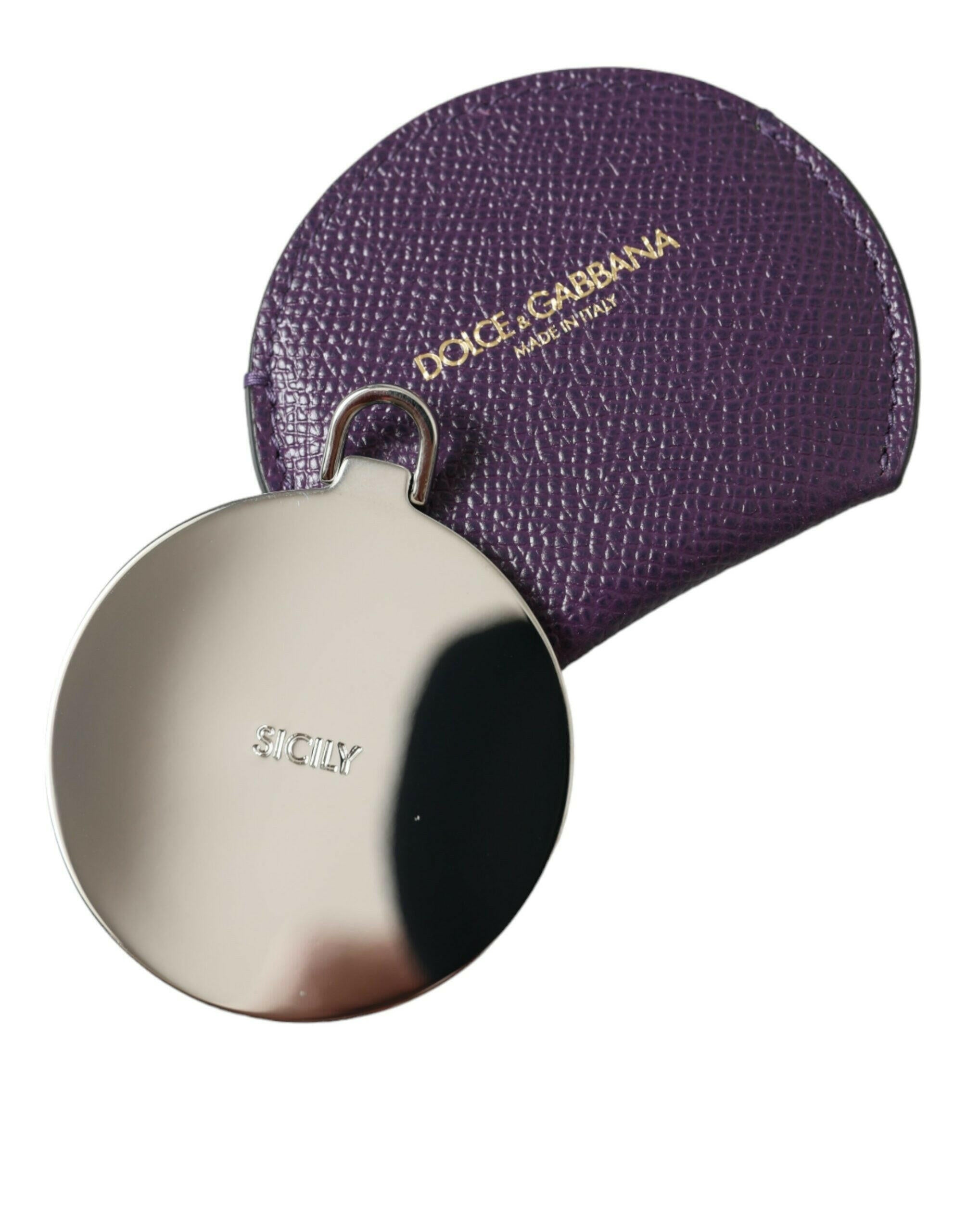 Dolce & Gabbana Purple Calfskin Leather Round Logo Hand Mirror Holder.