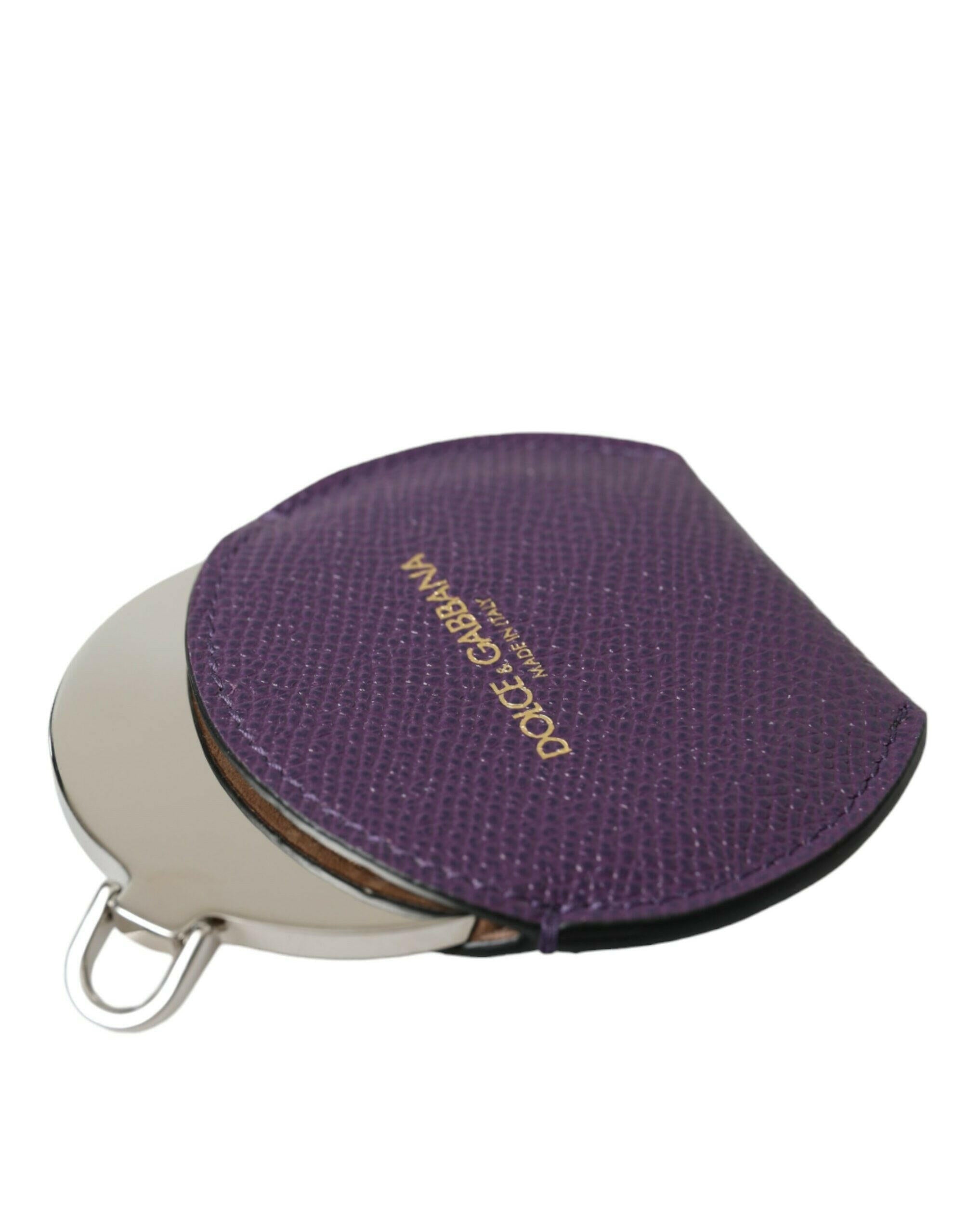 Dolce & Gabbana Purple Calfskin Leather Round Logo Hand Mirror Holder.