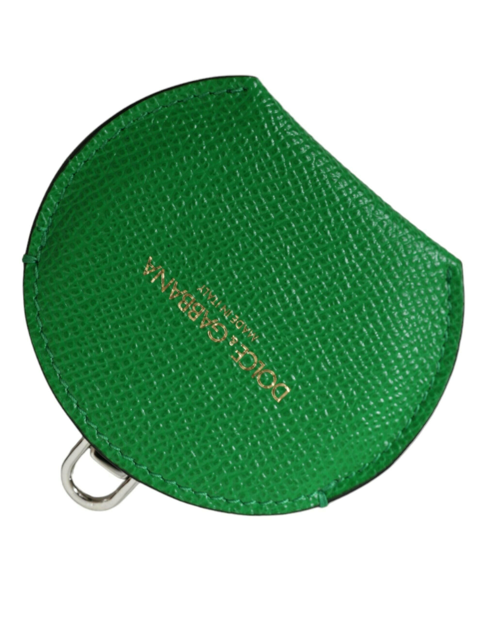 Dolce & Gabbana Green Calfskin Leather Round Logo Hand Mirror Holder.