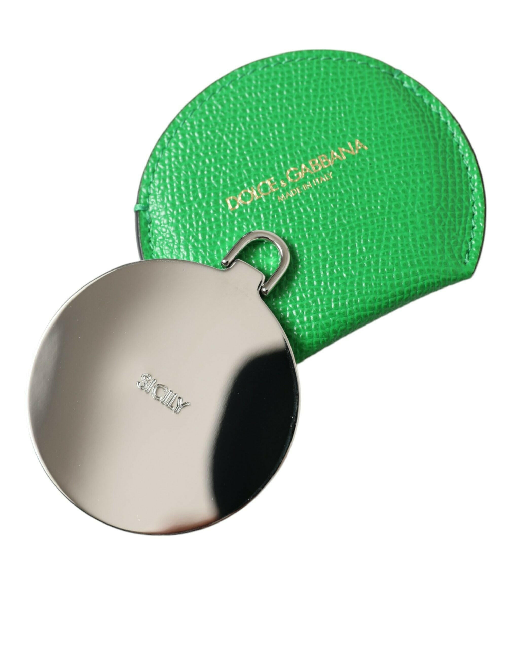 Dolce & Gabbana Green Calfskin Leather Round Logo Hand Mirror Holder.