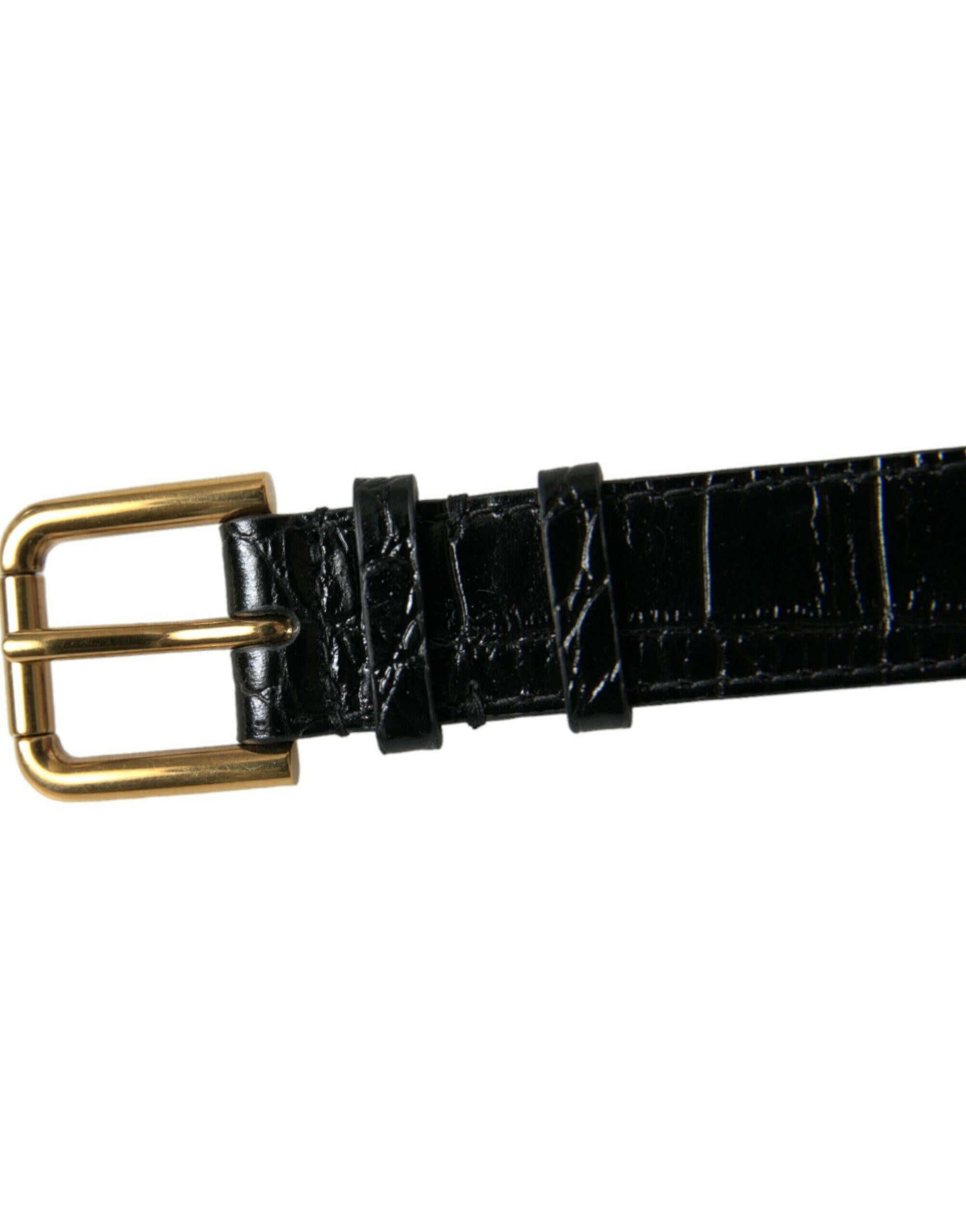 Dolce & Gabbana Black Textured Leather Gold Tone Metal Buckle Armband.