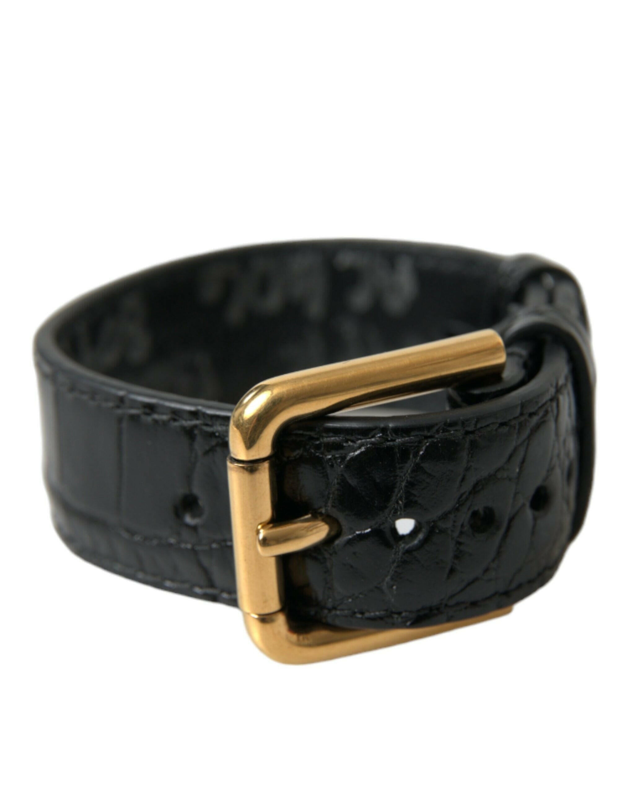 Dolce & Gabbana Black Textured Leather Gold Tone Metal Buckle Armband.