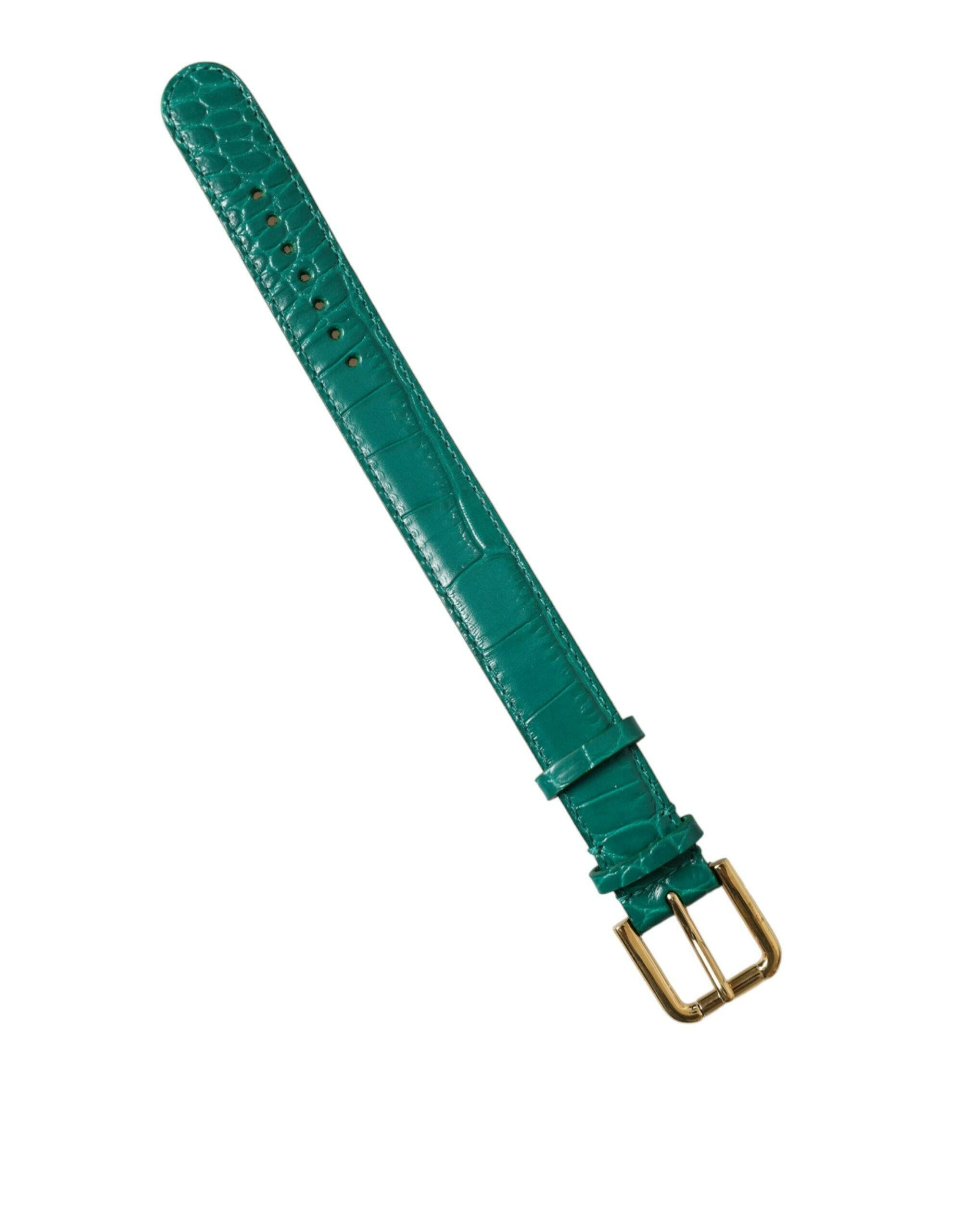 Dolce & Gabbana Green Textured Leather Gold Tone Metal Buckle Neckband.