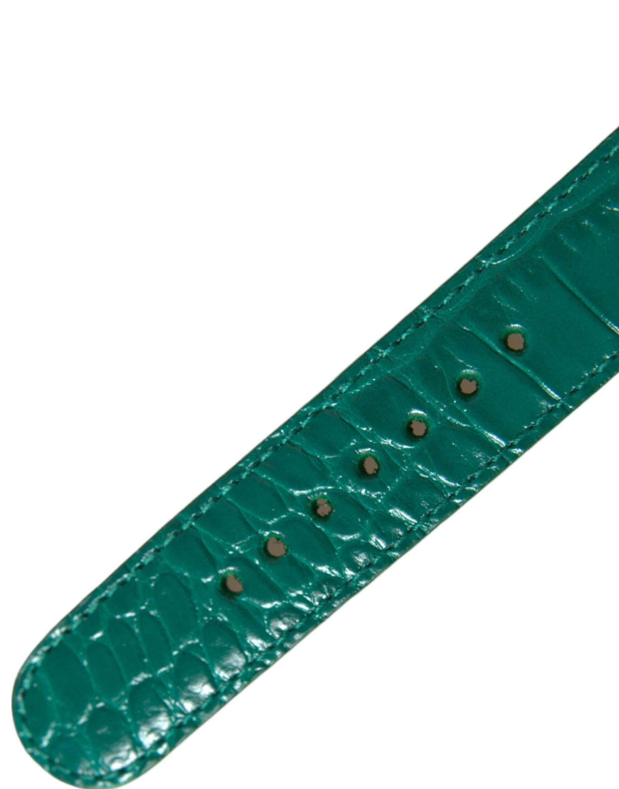 Dolce & Gabbana Green Textured Leather Gold Tone Metal Buckle Neckband.