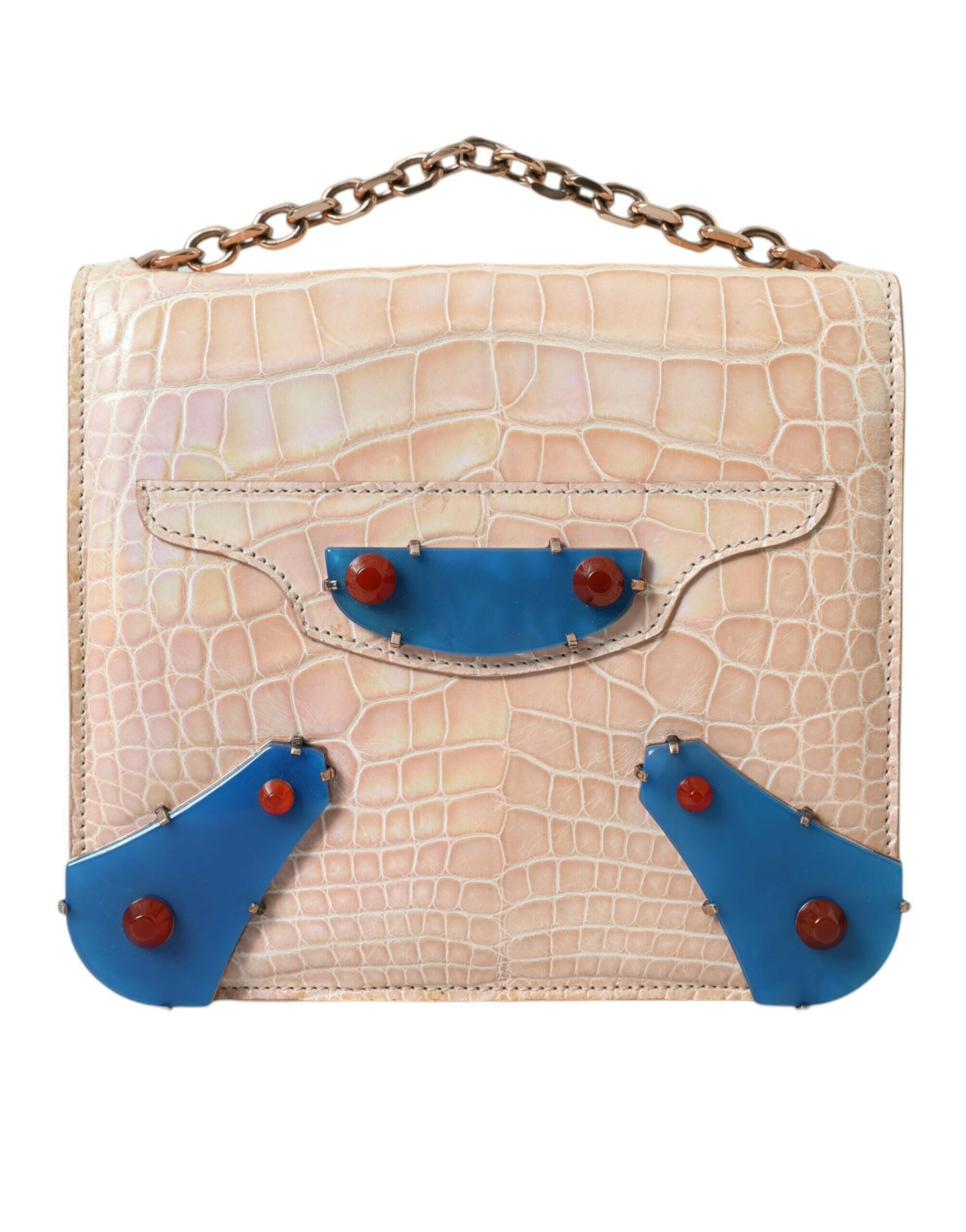 Balenciaga Beige Blue Agate Exotic Leather Gold Chain Purse Bag.