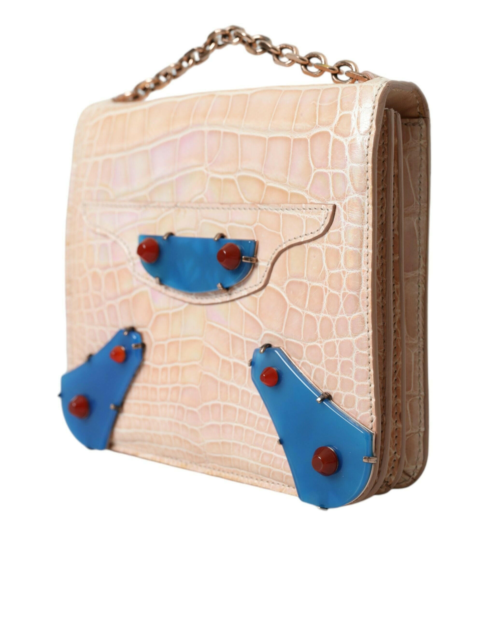 Balenciaga Beige Blue Agate Exotic Leather Gold Chain Purse Bag.