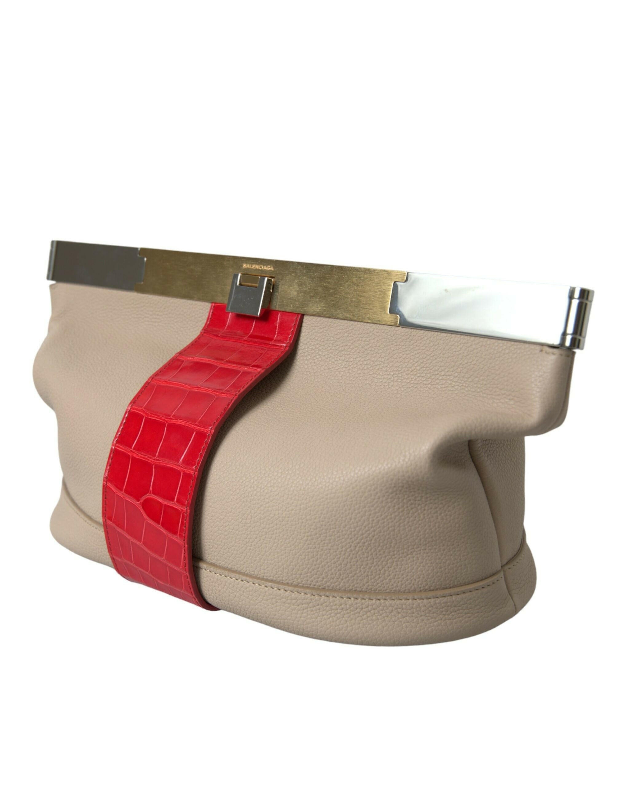 Balenciaga Beige Red Two Tone Exotic Leather Pouch Bag.