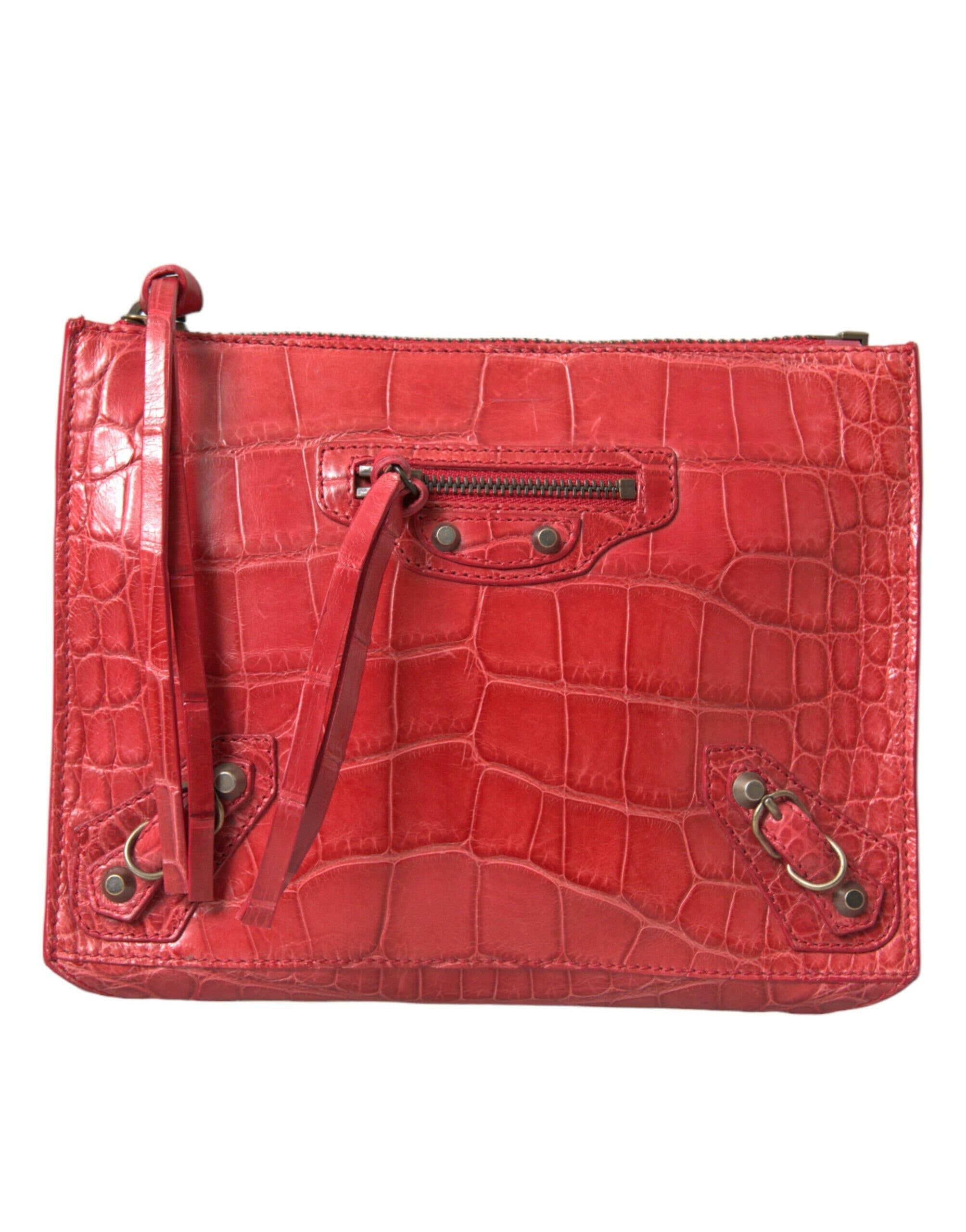 Balenciaga Red Exotic Skin Leather Classic Pouch Purse Wristlet Bag.