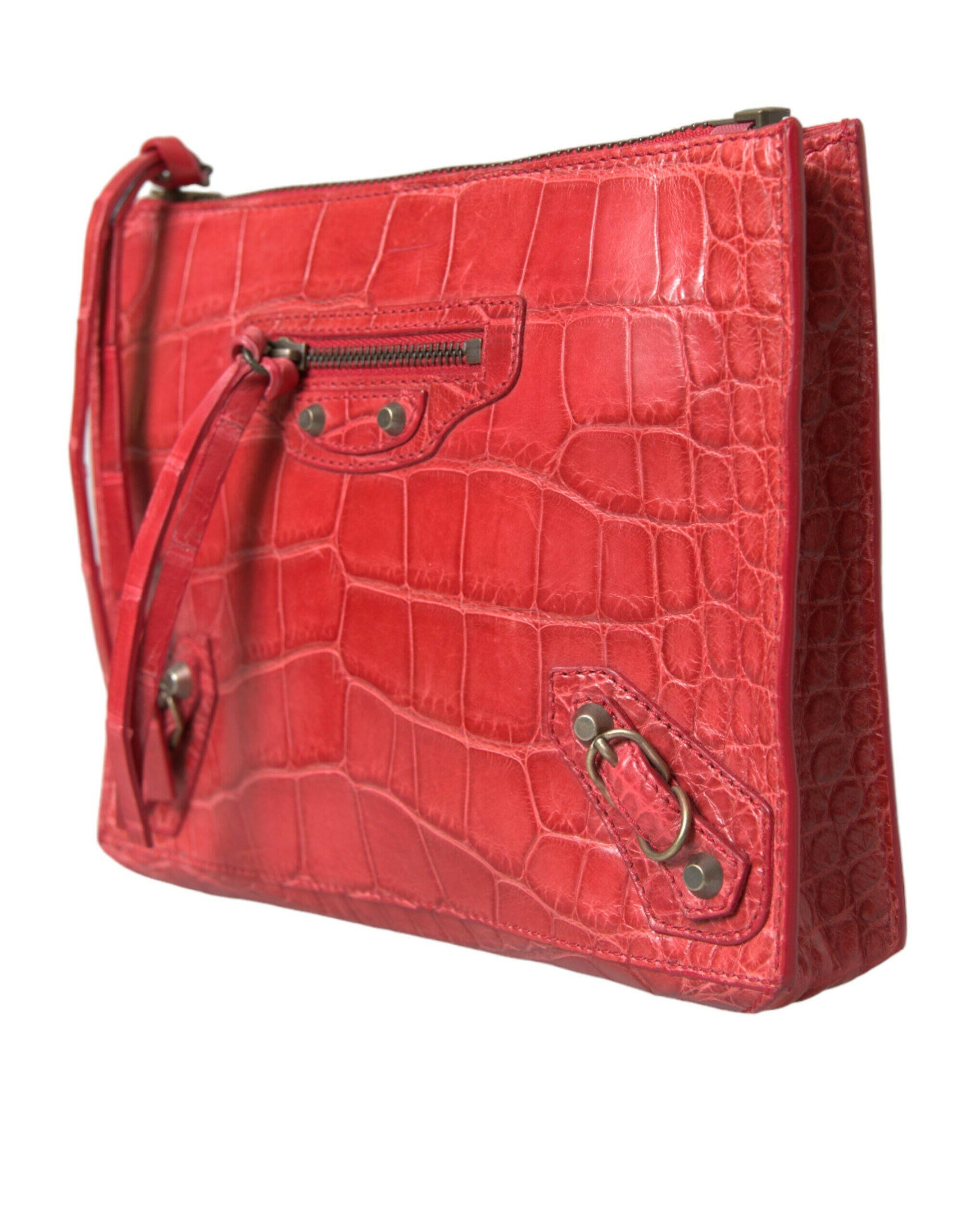 Balenciaga Red Exotic Skin Leather Classic Pouch Purse Wristlet Bag.