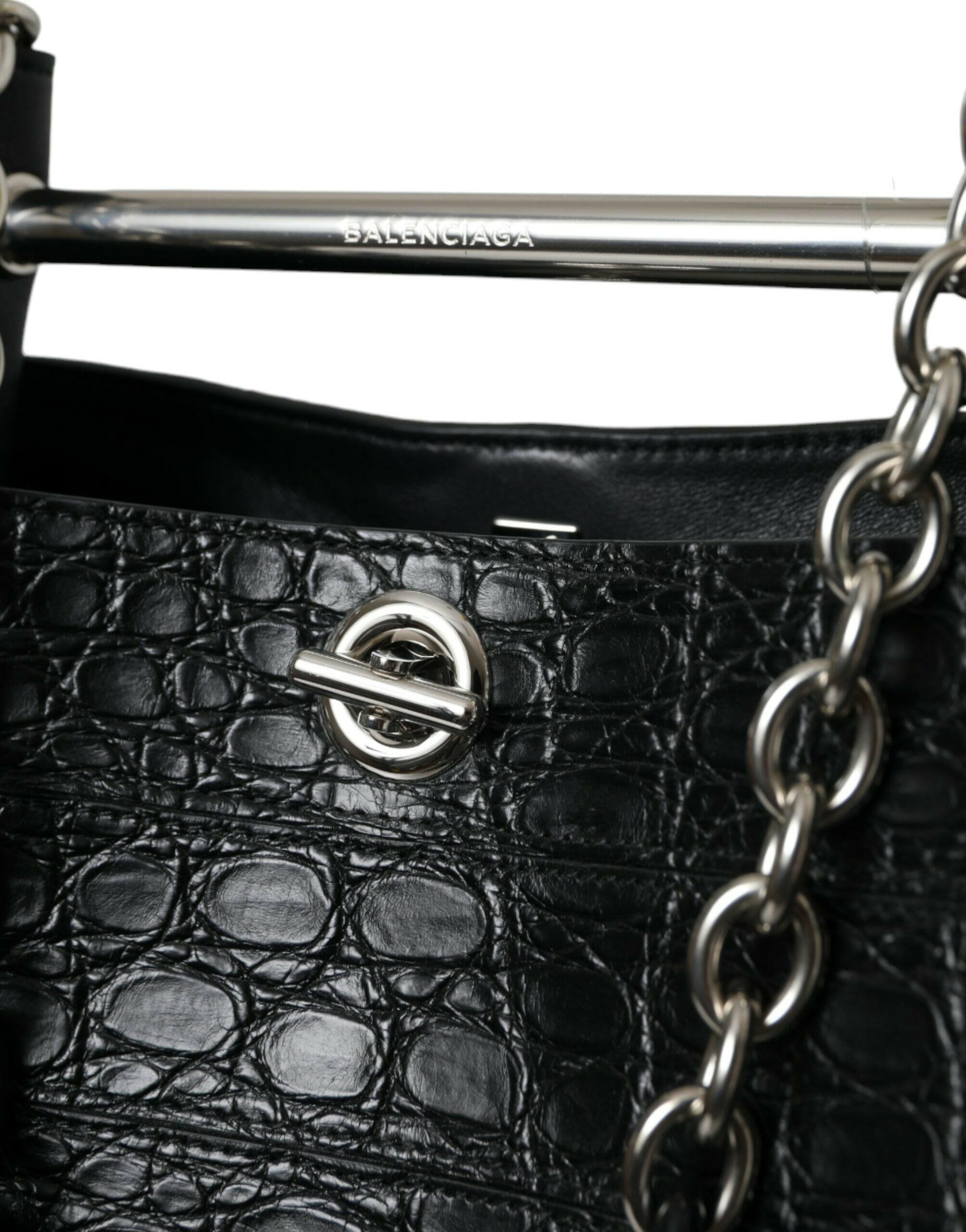 Balenciaga Black Exotic Skin Leather Maxi Bucket Tote Purse Bag.