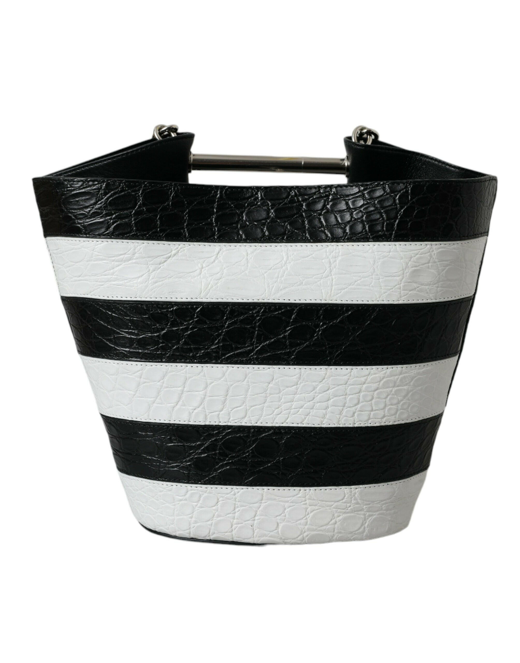 Balenciaga Black White Striped Exotic Skin Leather Maxi Bucket Tote Bag.