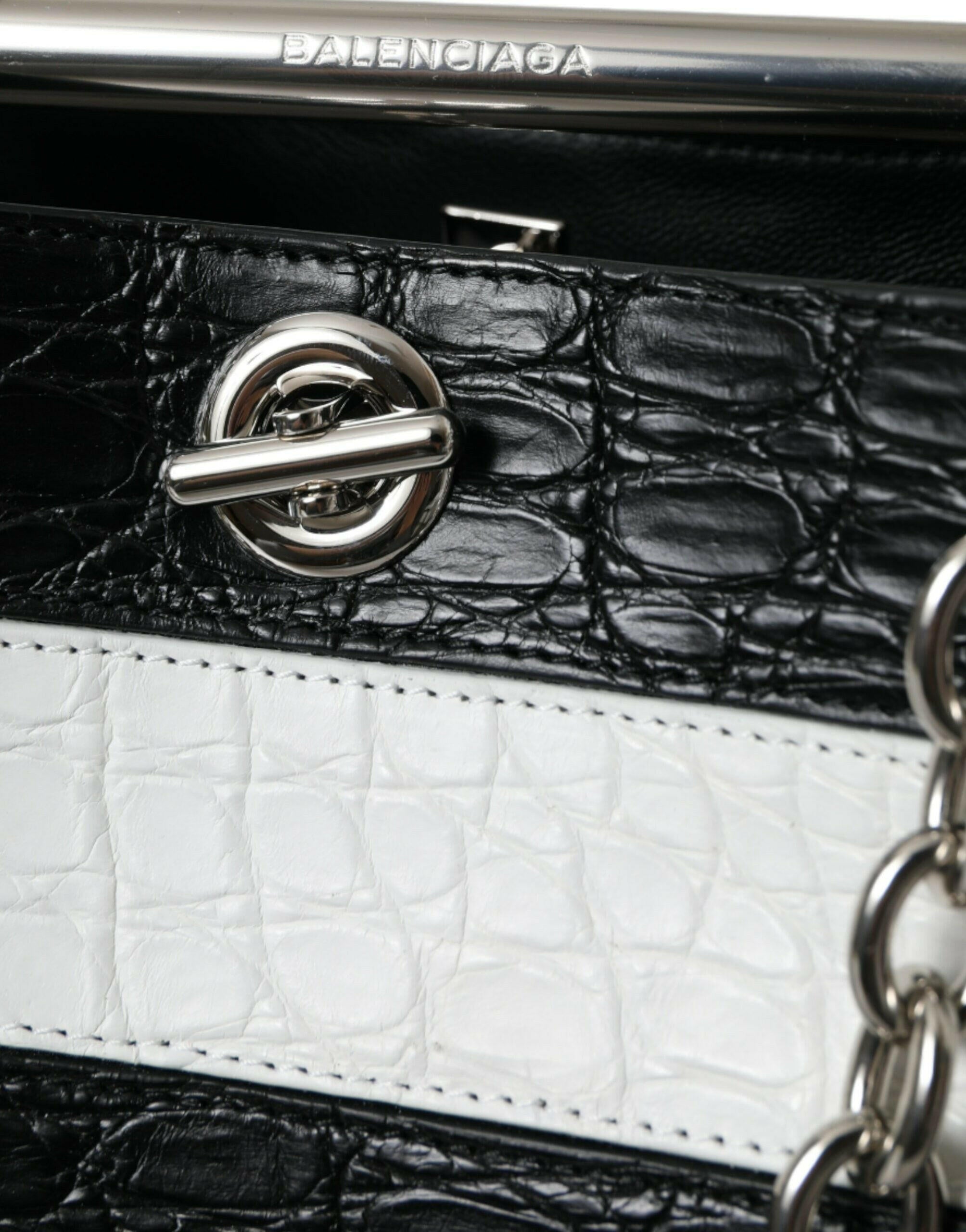 Balenciaga Black White Striped Exotic Skin Leather Maxi Bucket Tote Bag.