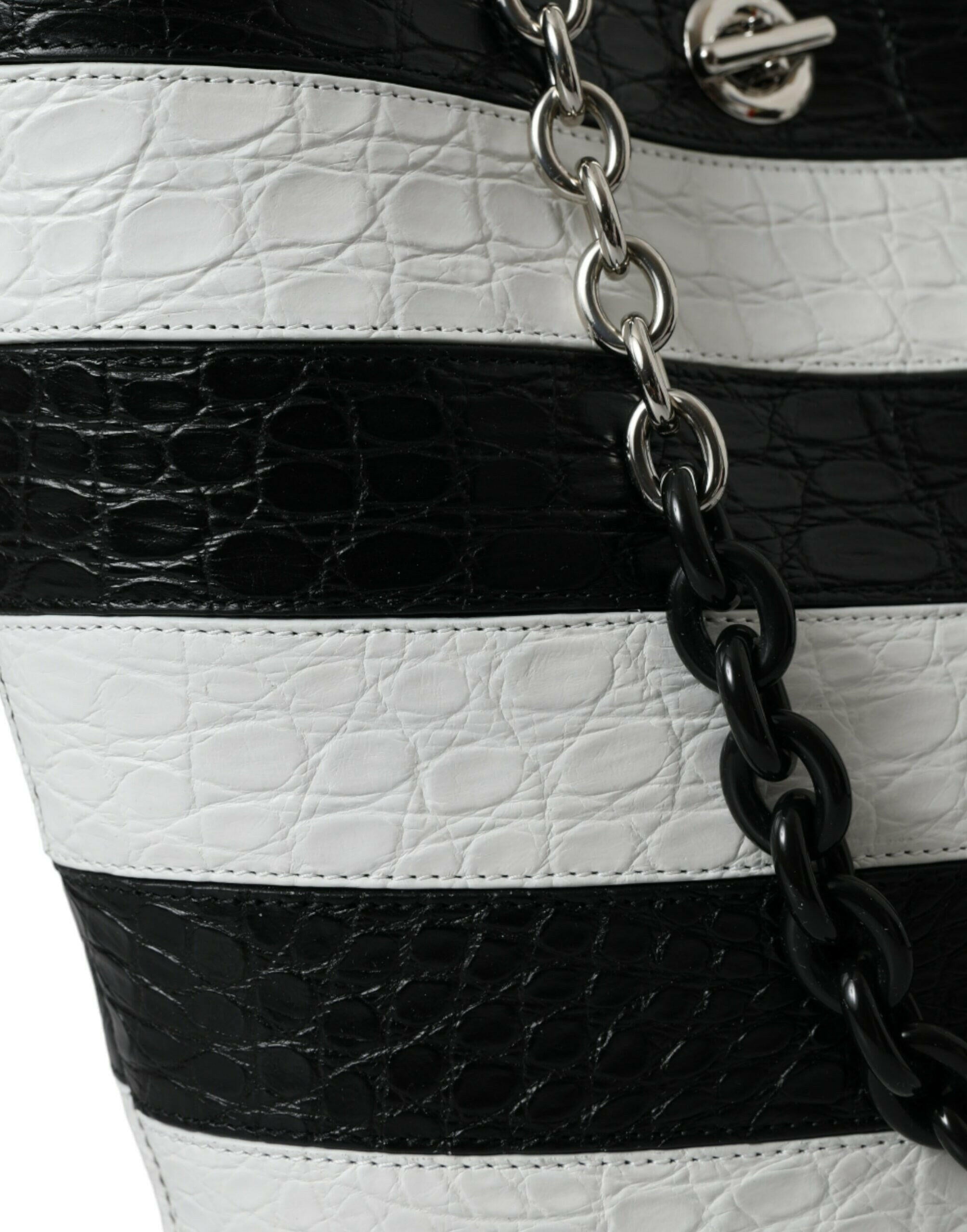 Balenciaga Black White Striped Exotic Skin Leather Maxi Bucket Tote Bag.