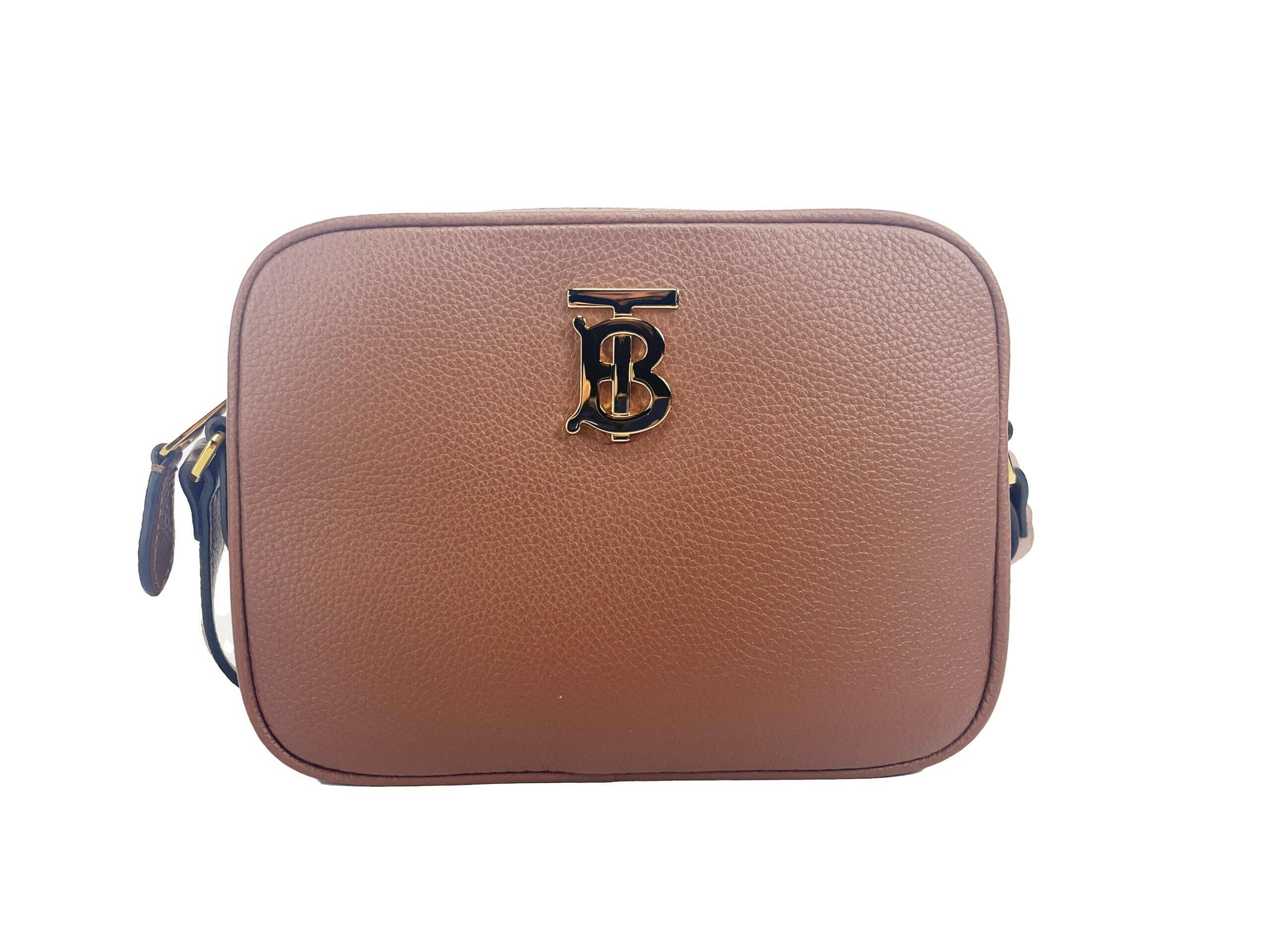 Burberry Small Leather Tan Camera Crossbody TB Logo Bag.