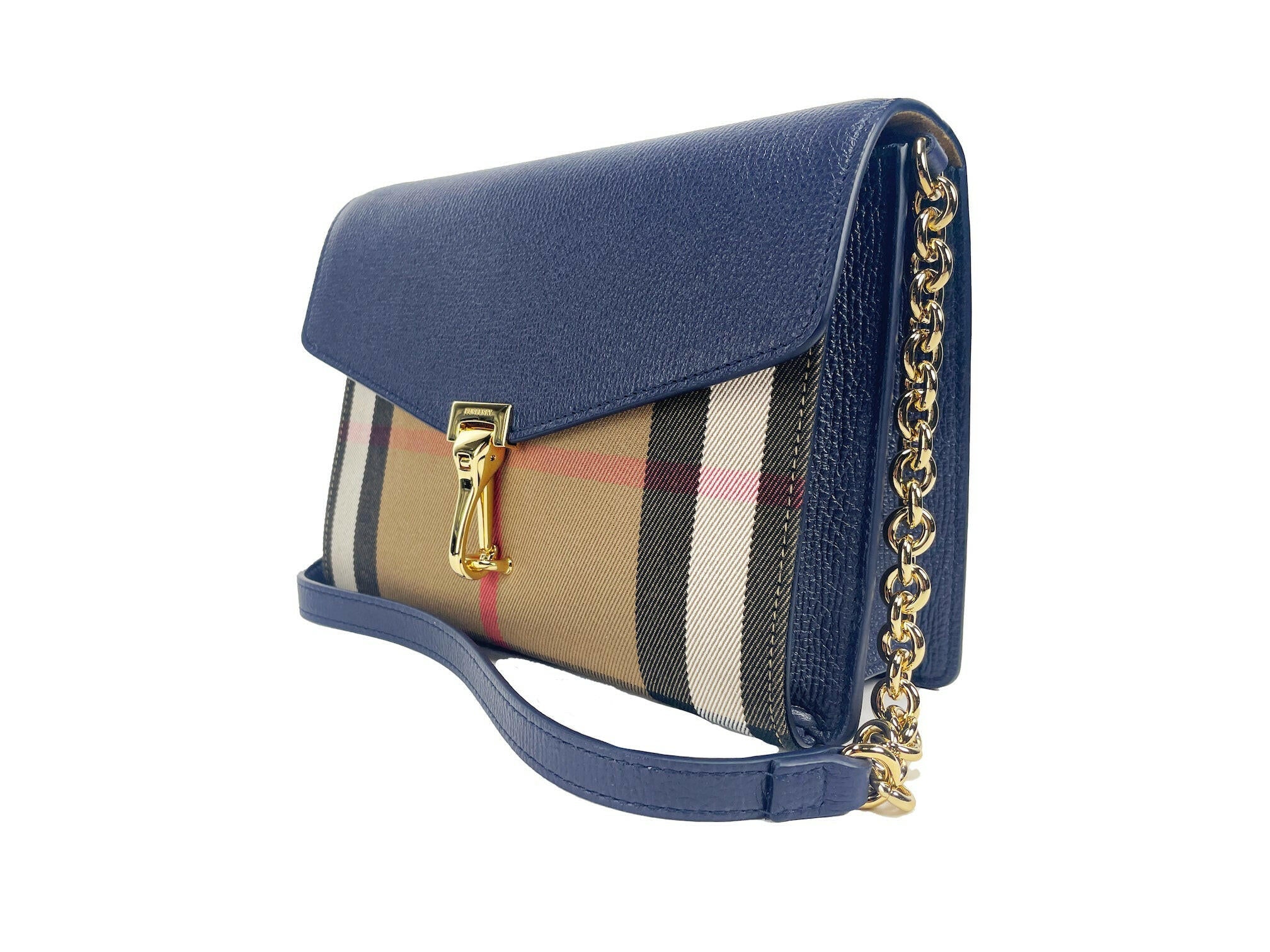 Burberry Macken Small Regency Blue House Check Leather Crossbody Bag.