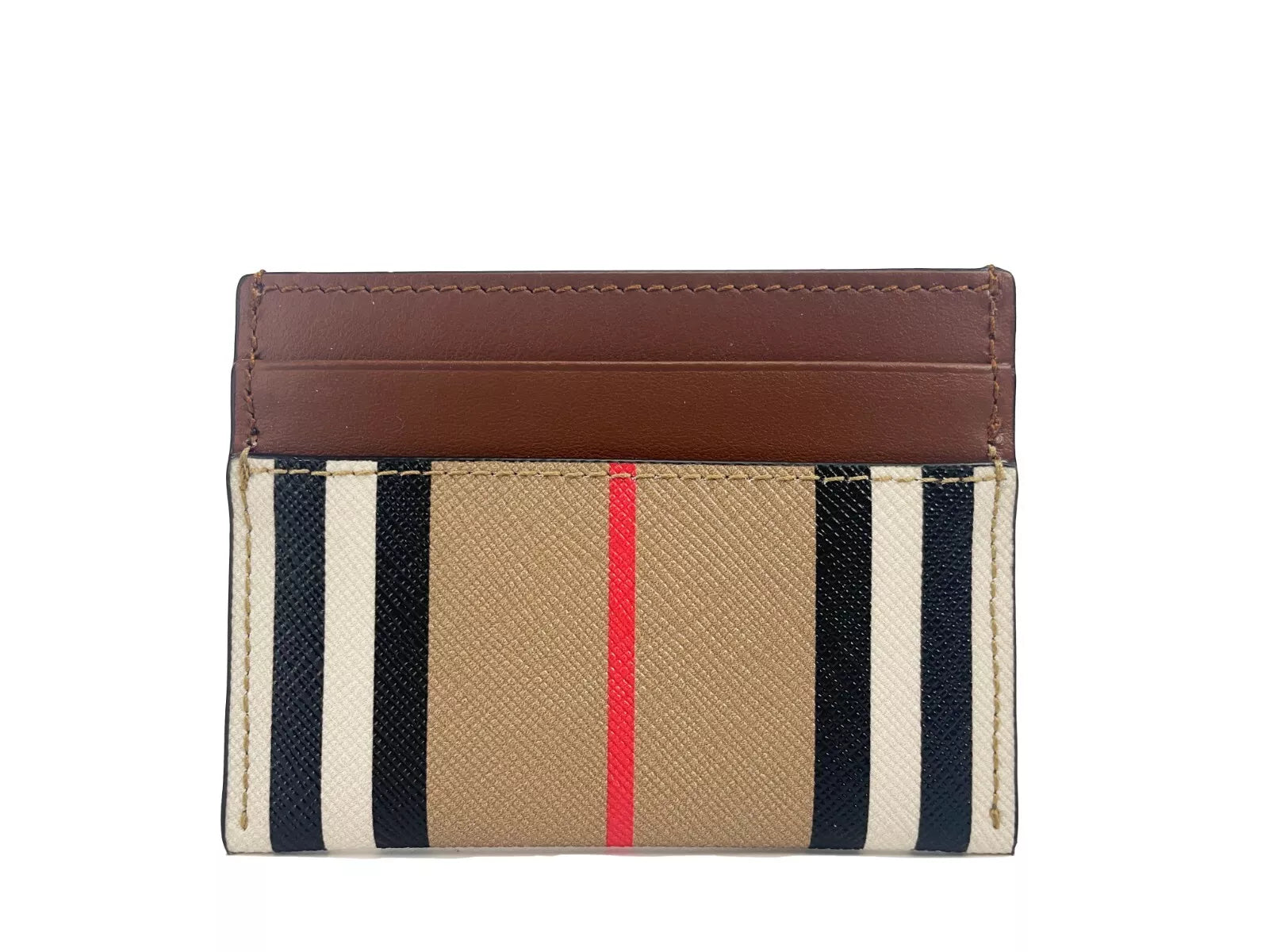 Burberry Sandon Tan Canvas Check Printed Leather Slim Card Case Wallet.