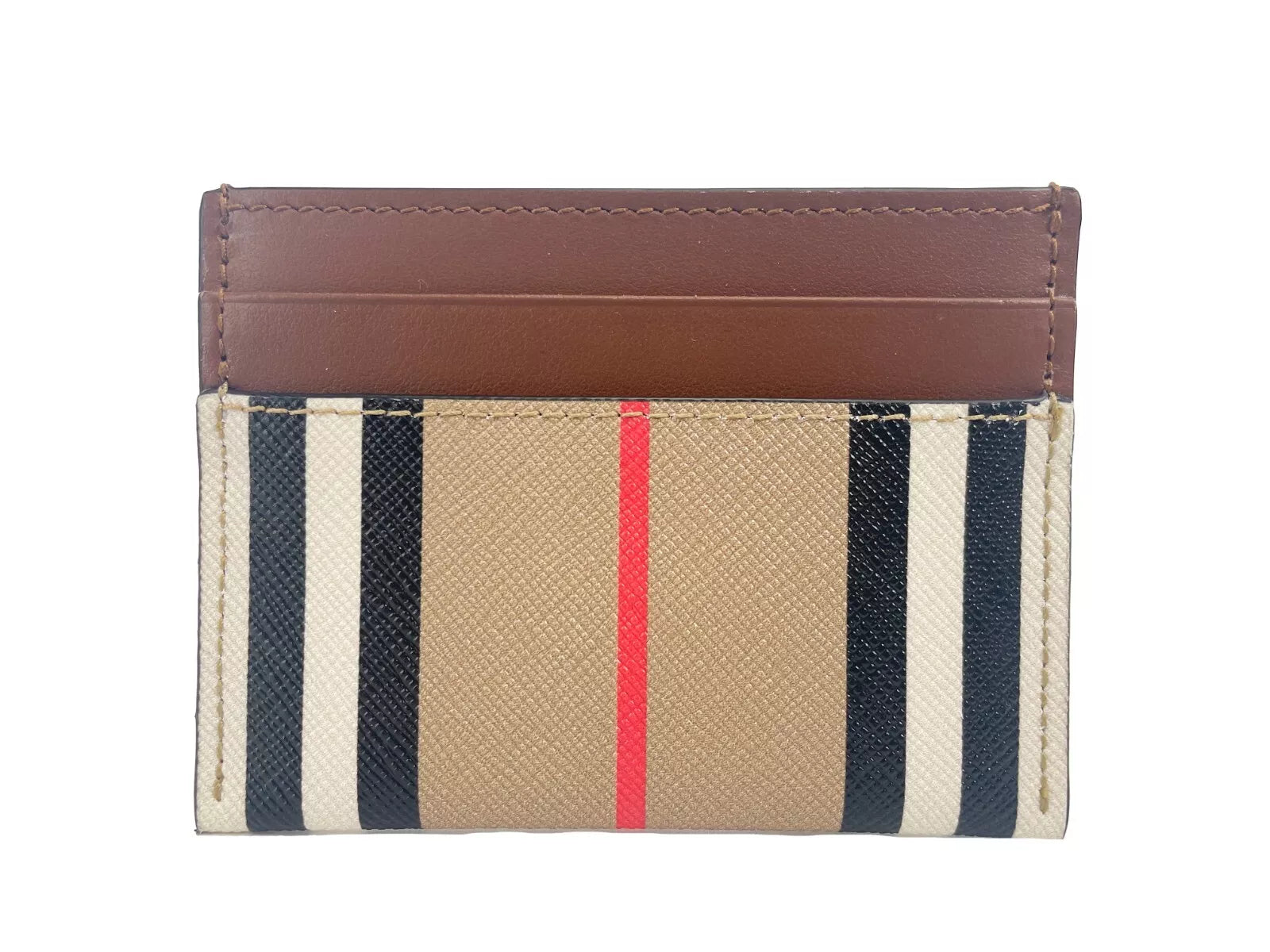 Burberry Sandon Tan Canvas Check Printed Leather Slim Card Case Wallet.