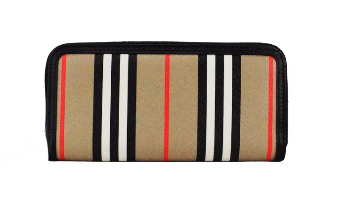 Burberry Ellerby Black Leather Icon Stripe Canvas Zip Around Continental Wallet.