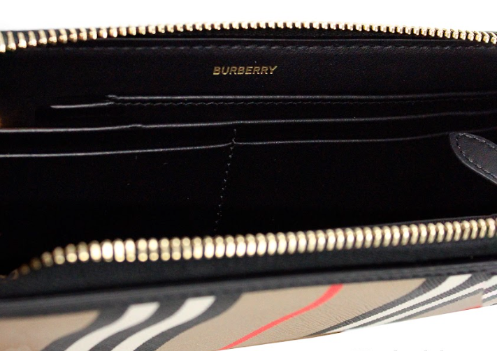 Burberry Ellerby Black Leather Icon Stripe Canvas Zip Around Continental Wallet.